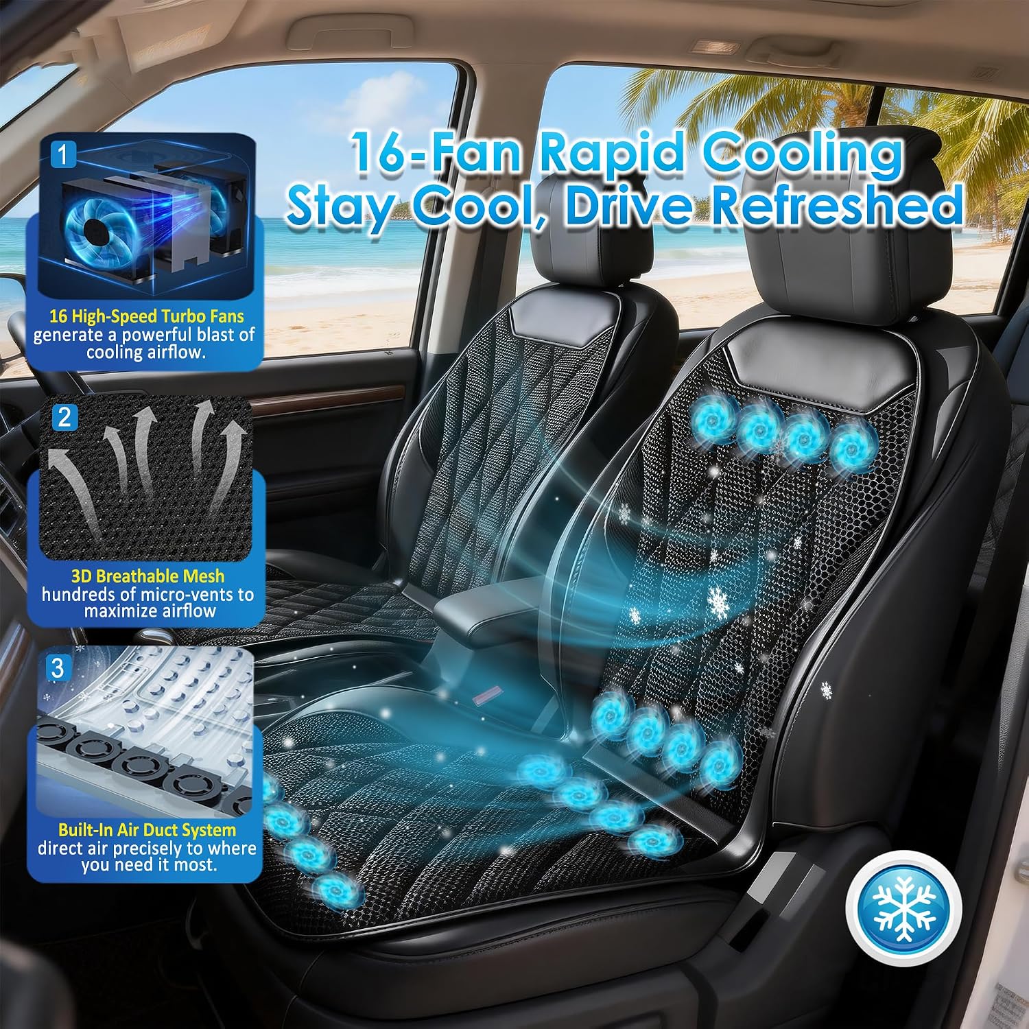3-in-1 Smart Climate Control Car Seat Cushion Comfortable Massage Cooling Seat Cover for Car Front Seat, 16 Fans Ventilated Cooling Seat Cushion for Car Fit All Season 1 Pack Seat Cooler (Black-1)
