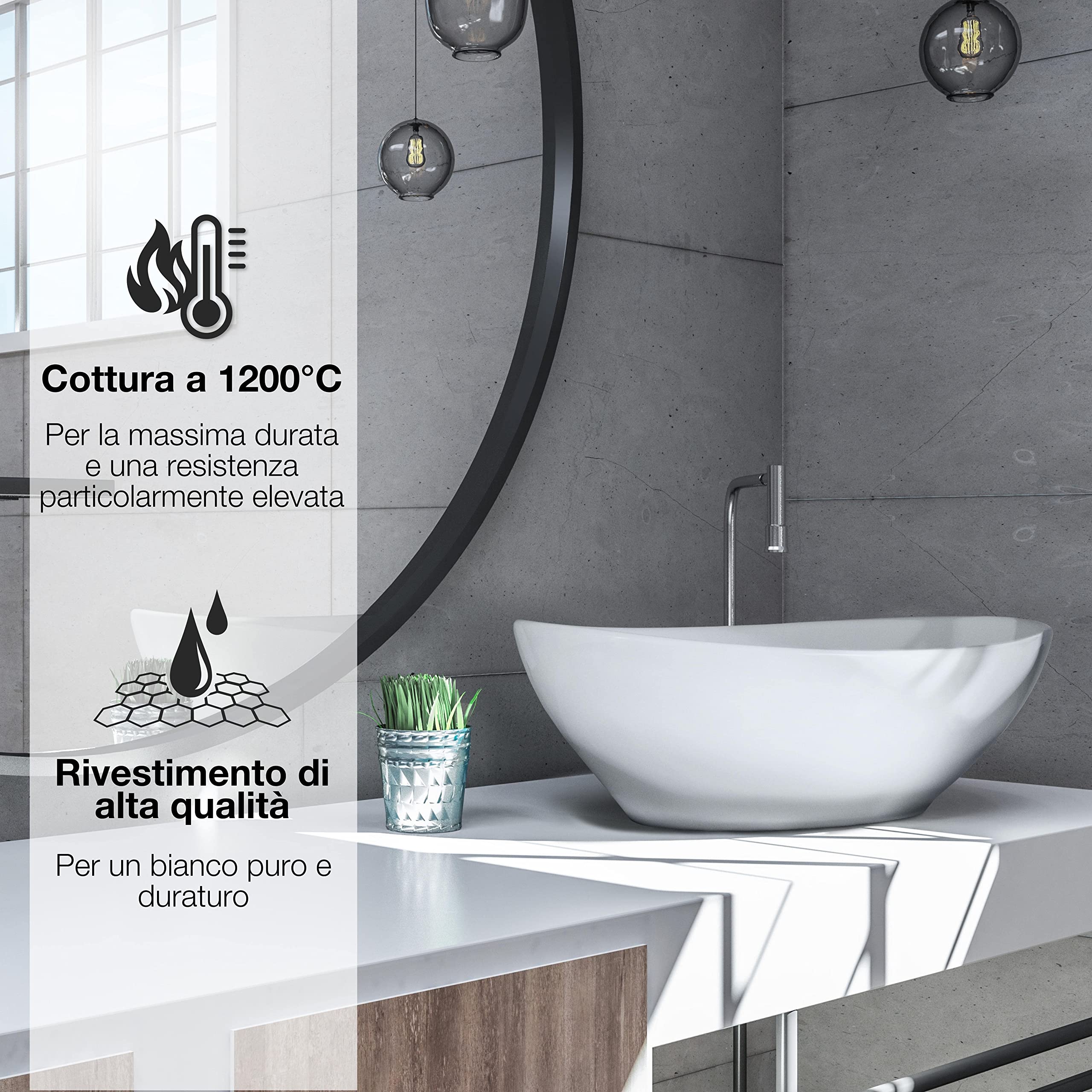 VMbathrooms Premium Lavabo ovale con effetto loto | Lavabo da appoggio per bagno e WC ospiti | Lavabo senza foro per rubinetto e senza troppopieno | Lavabo da appoggio bianco puro
