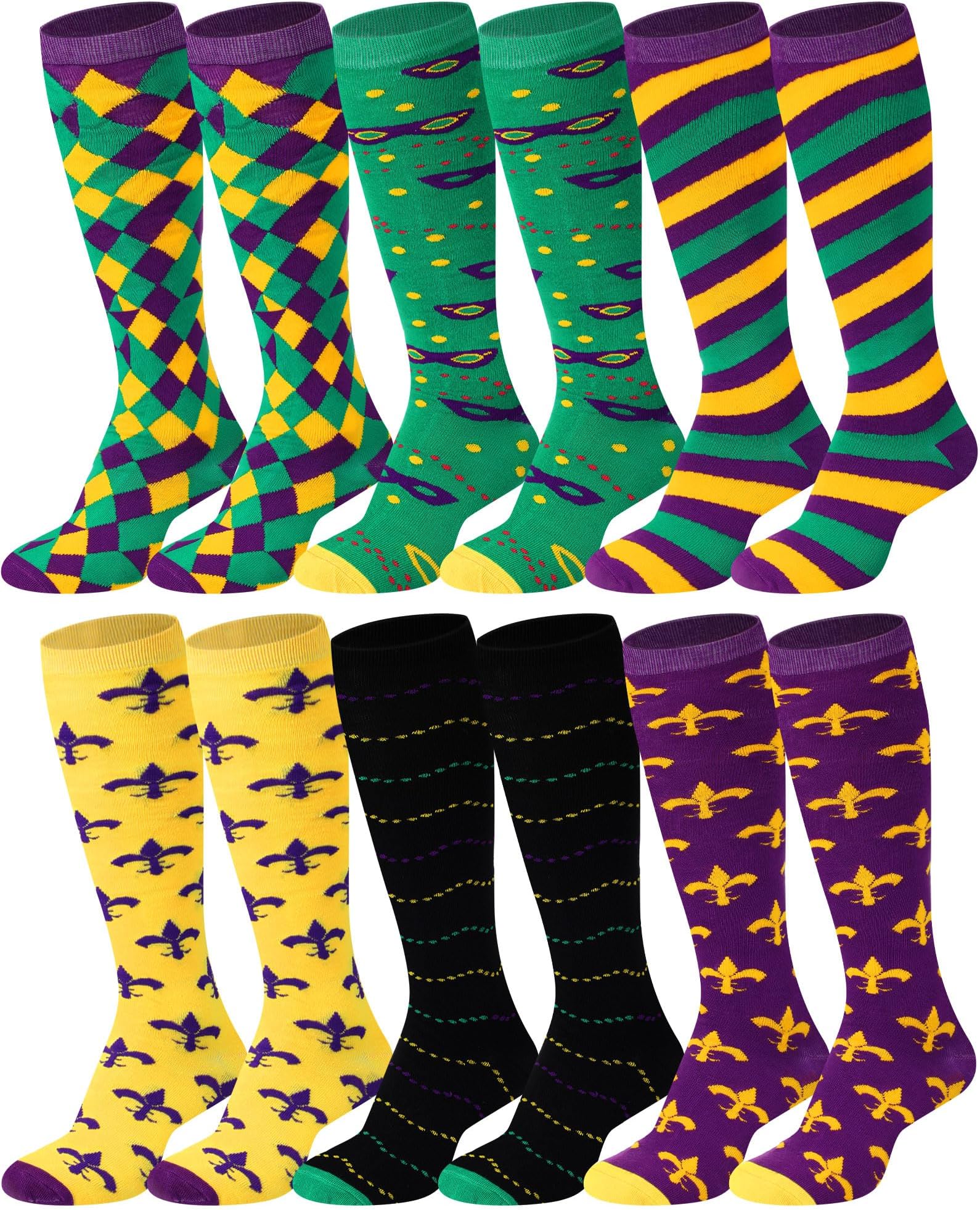 6 Pairs Mardi Gras Socks for Men Novelty St. Patrick's Day Knee High Socks Fleur De Lis Patterned Holiday Party Accessories Irish Festival Gifts