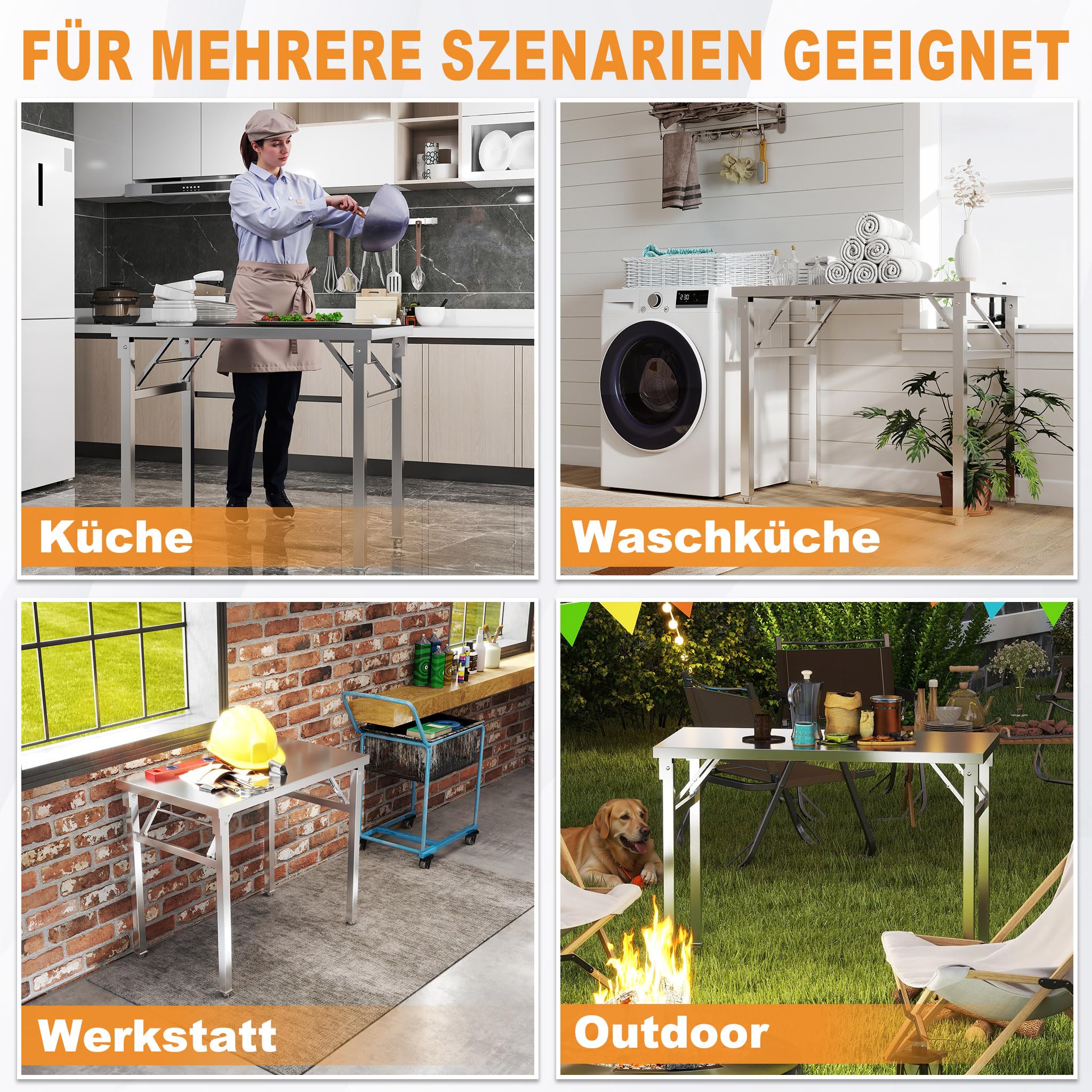 UISEBRT Mesa plegable de acero inoxidable con capacidad de carga de 300 kg y patas ajustables ajustables, mesa de trabajo plegable, mesa de cocina, para gastronomía, cocina, bar, restaurante, 120 x 60