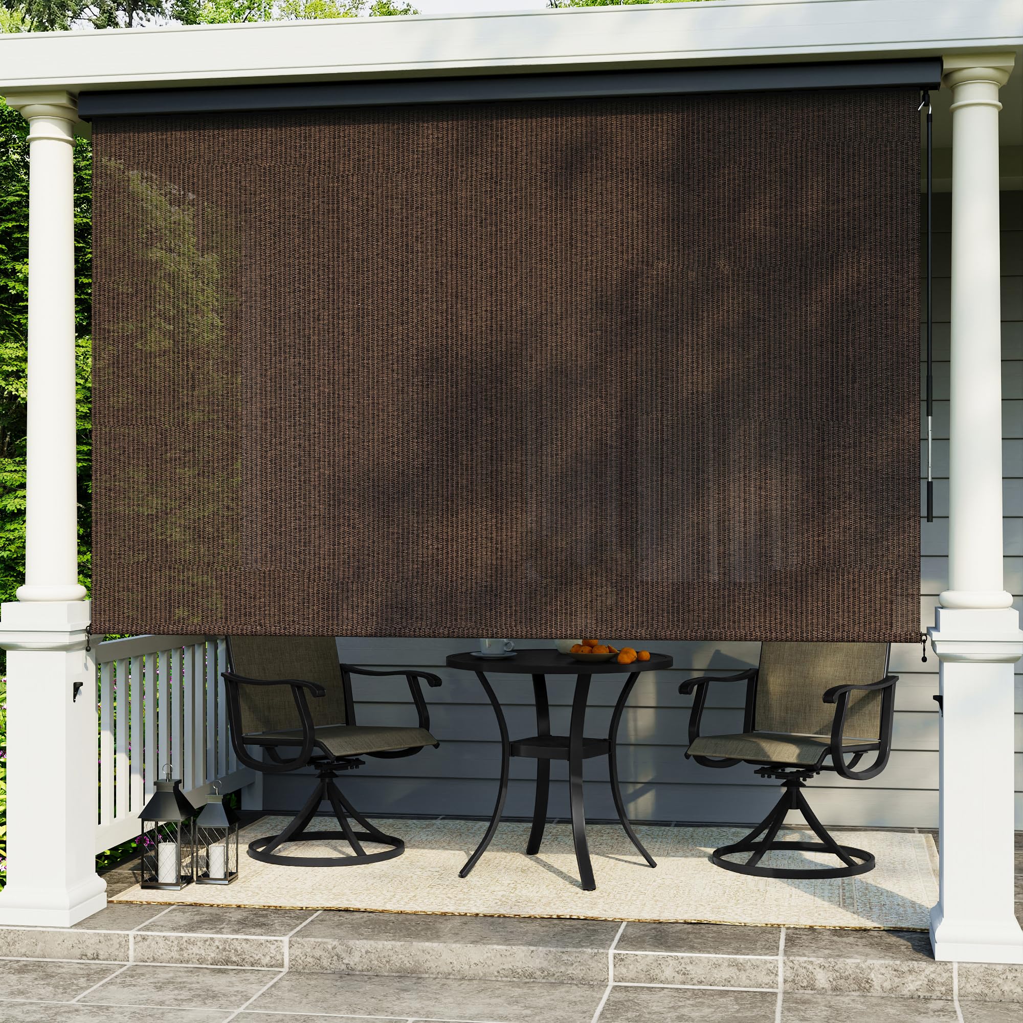 VICLLAX Premium Outdoor Roller Shade, 220GSM 95% Patio Cordless Blinds with Aluminum Valance (4' W X 8' L), Mocha