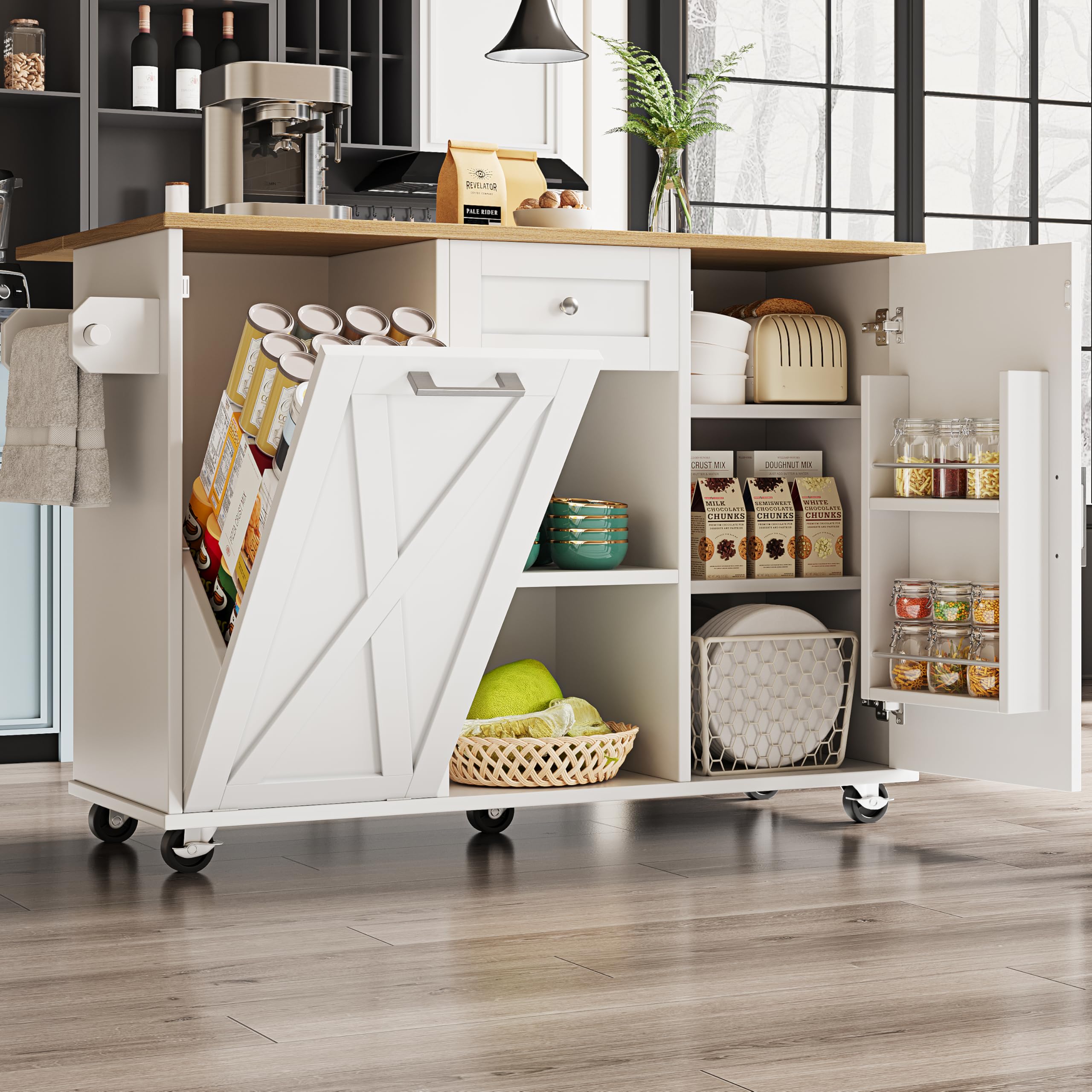 BTM Kitchen Island On Wheels Worktop Cabinet Multifunctional Kitchen Storage Serving Trolley With Drawers, Drop Leaf Table White โ image 1