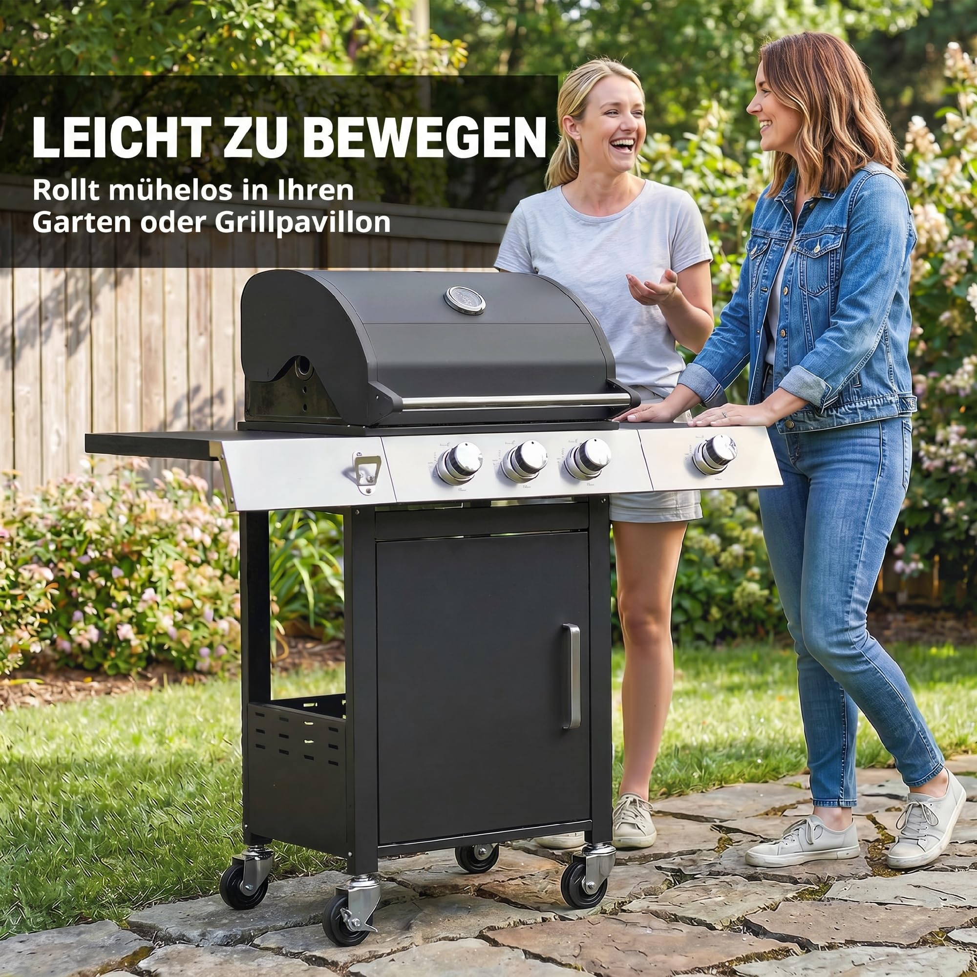 Outsunny Gasgrill 10,5 KW 3+1 Brenner BBQ Grillwagen Edelstahl inkl Seitenbrenner Flaschenöffner Thermometer Gusseisen-Grillrost Warmhalterost Rolle Seitentisch Unterschrank Gas-Grill für Balkon Party