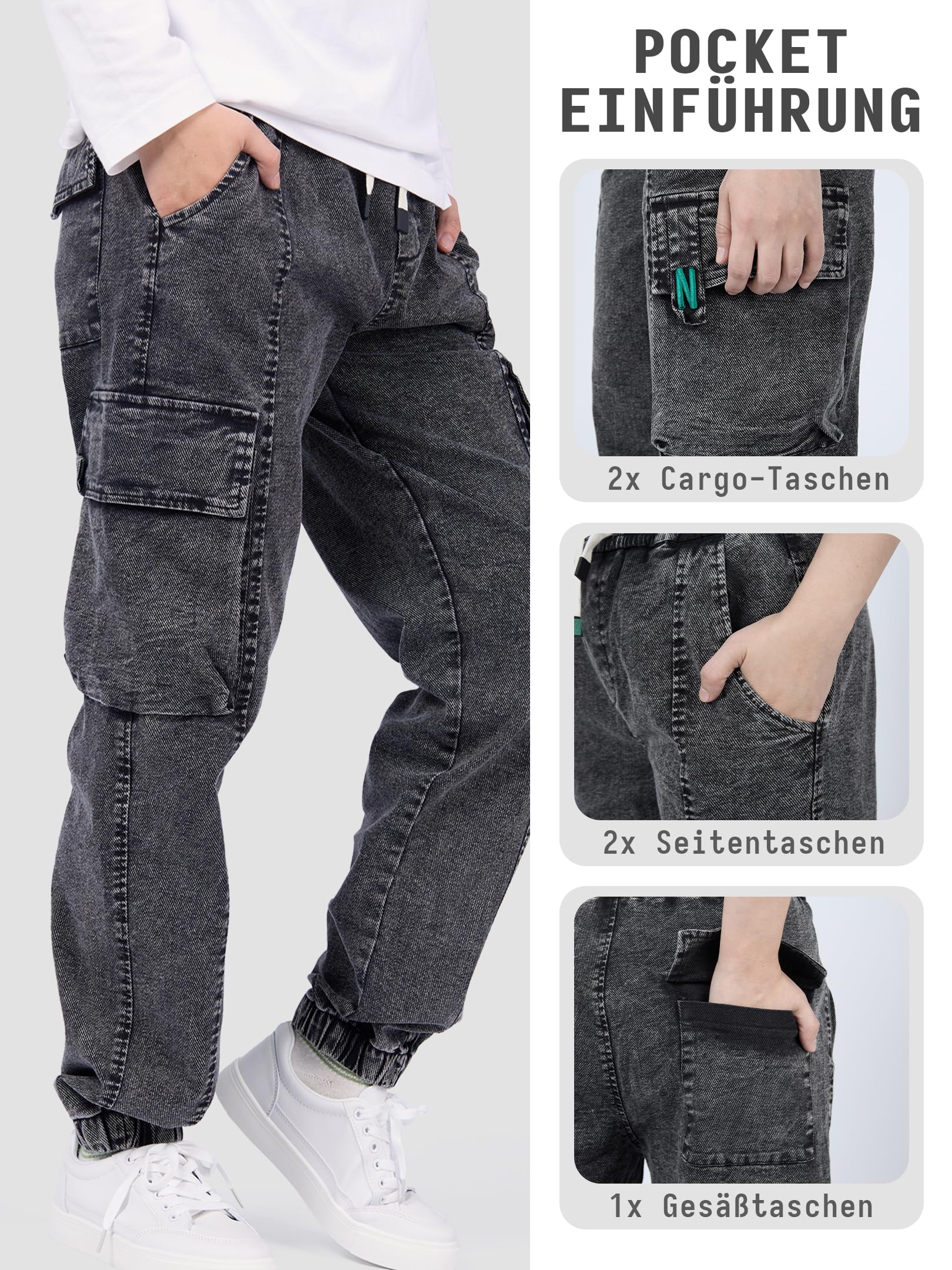 NATUST Kinder Cargo Jeans Jungs Jogginghose mit Gummibund