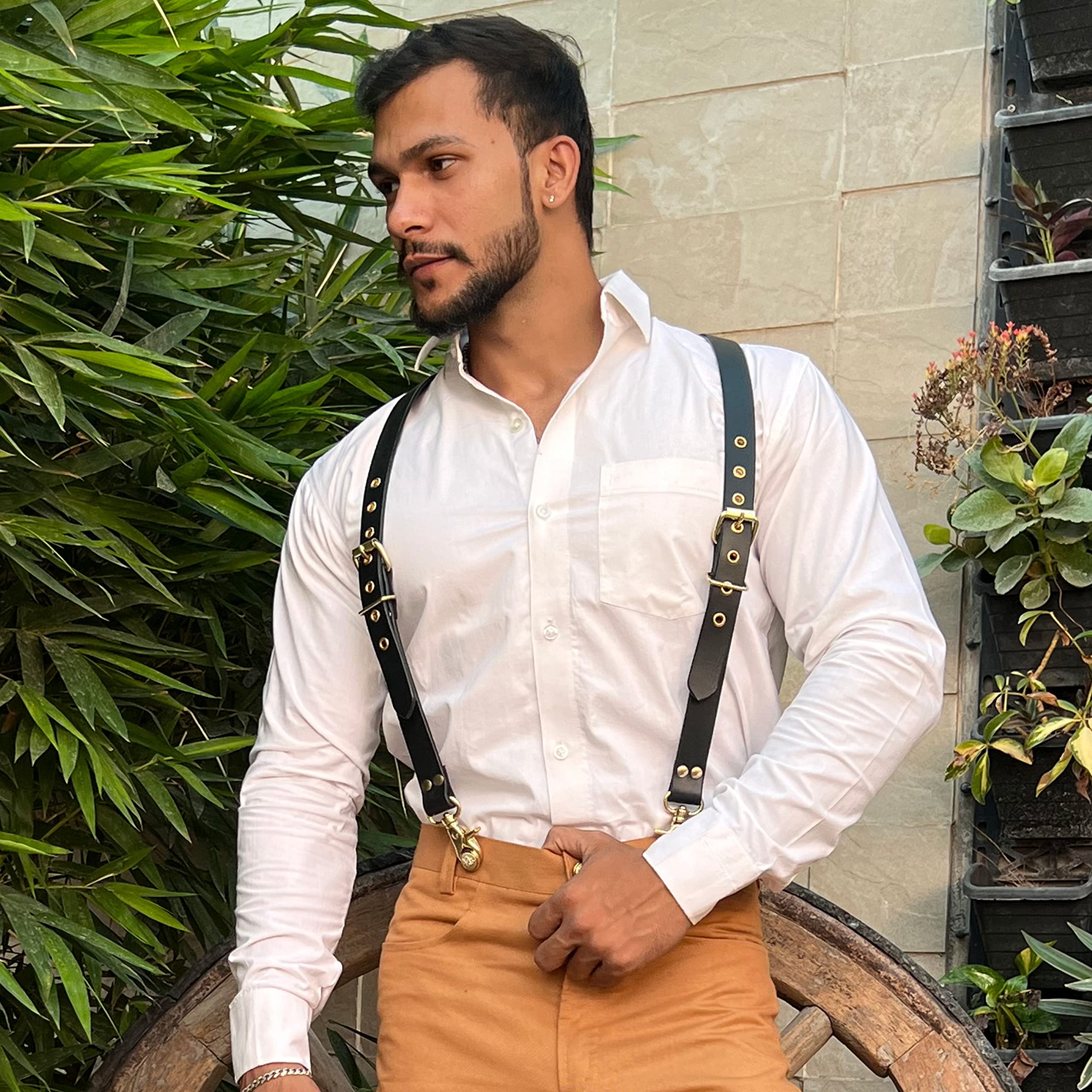 Hulara Bretelles en Cuir Hommes/Femmes Dos Réglable Y Design Bretelles Habillées pour Marié/Mariage/Cadeau Bretelles pour Hommes avec Clips Robustes Bretelles Noires(Taille-2(39-44) po