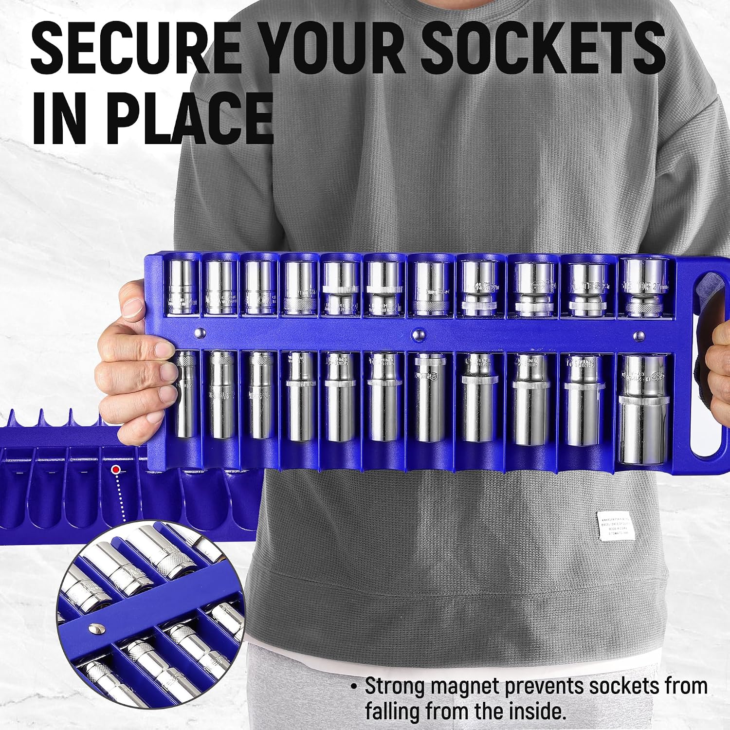 Reniteco Magnetic Socket Organizer Set, 3 Pcs Blue Portable Heavy Duty Socket Rail Set: 1/4-Inch x 22 Pallets, 3/8-Inch x 28 Pallets, 1/2-Inch x 26 Pallets, Hold 76 Sockets - Fit Shallow&Deep Sockets