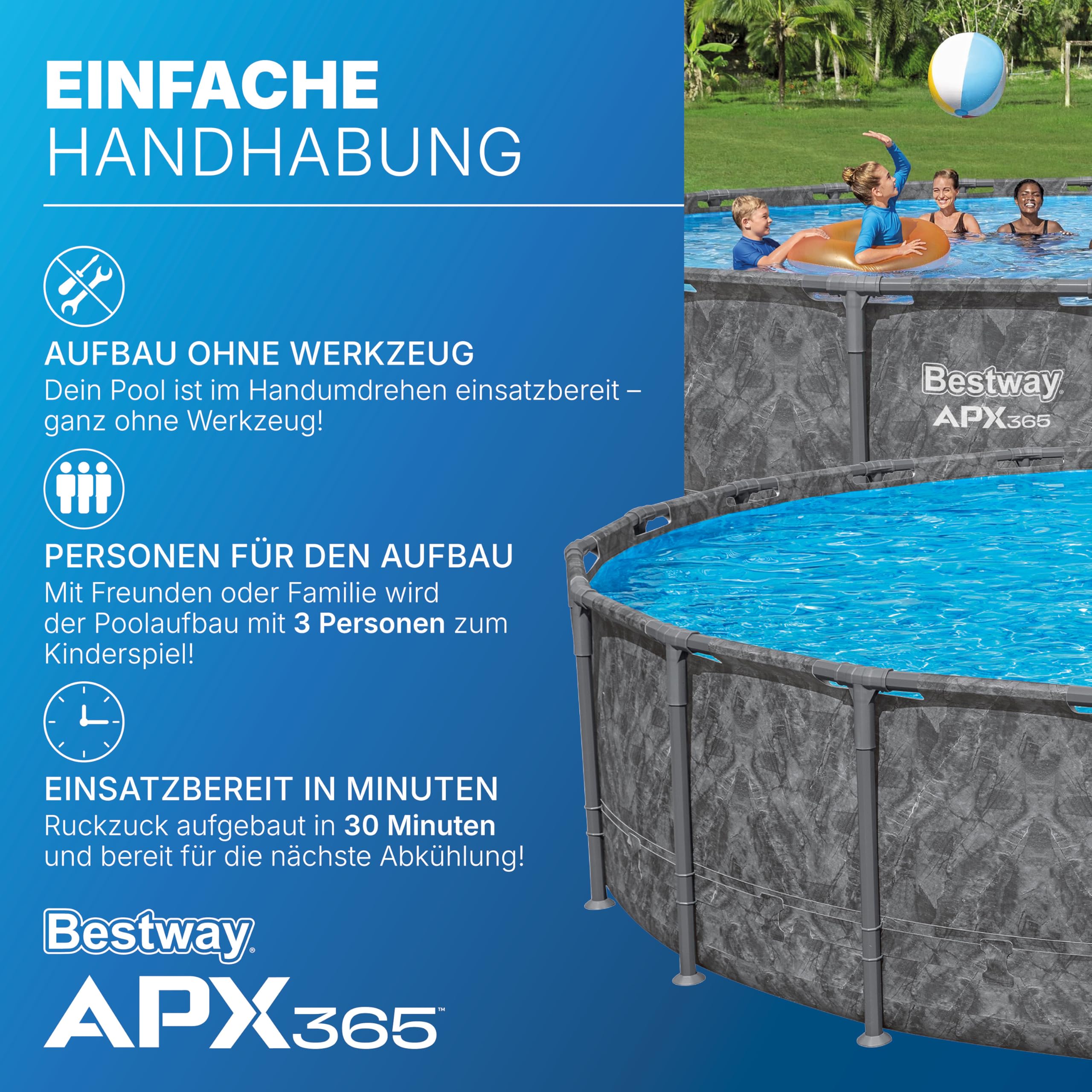 Bestway APX365 Winterfestes Frame Pool Set, Ø 610 x 132 cm, 33.240 Liter, TriTech-Material, Polar-Shield Ganzjahresschutz, Sandfilteranlage 8.327 l/h, Sicherheitsleiter, Abdeckplane, einfacher Aufbau