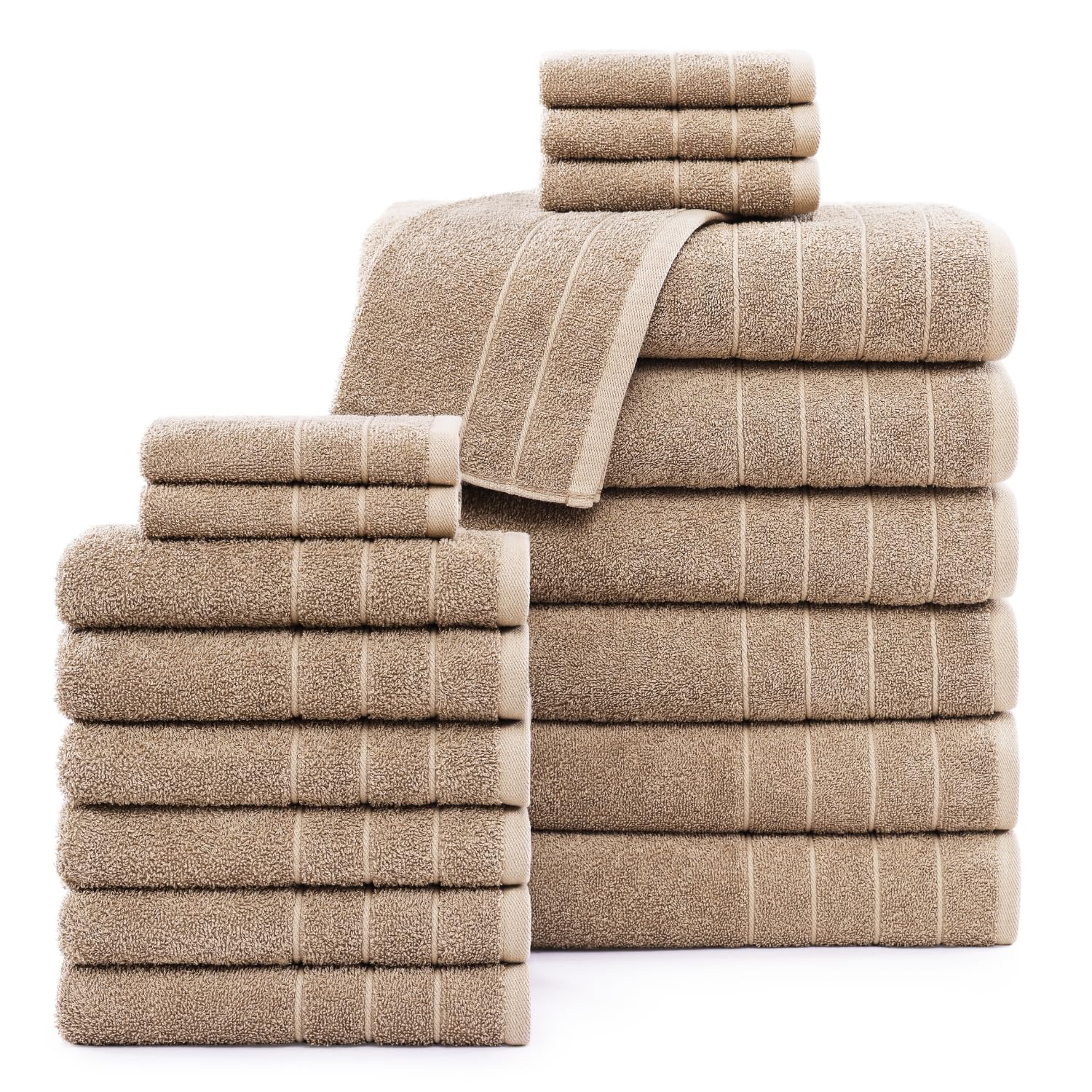Casa Platino 100% Mercerized Cotton Bathroom Towel Set - 18 Pcs - Ring Spun, Super Soft Highly Absorbent - 6 Large Bath Towels, 6 Washcloths, 6 Hand Towels - Wide Variety of Colours - Tan Brown