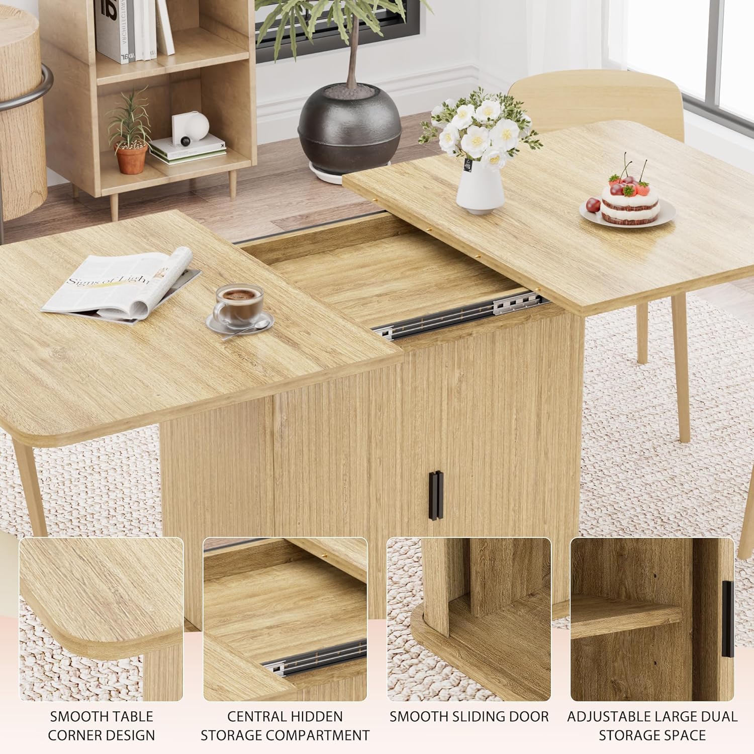 47-63 Inch Extendable Dining Table with Storage and Sliding Door, Expandable Rectangle Dining Table for 4-6, Space Saving Wooden Dinner Table for Kitchen, Dining Room, Natural Oak