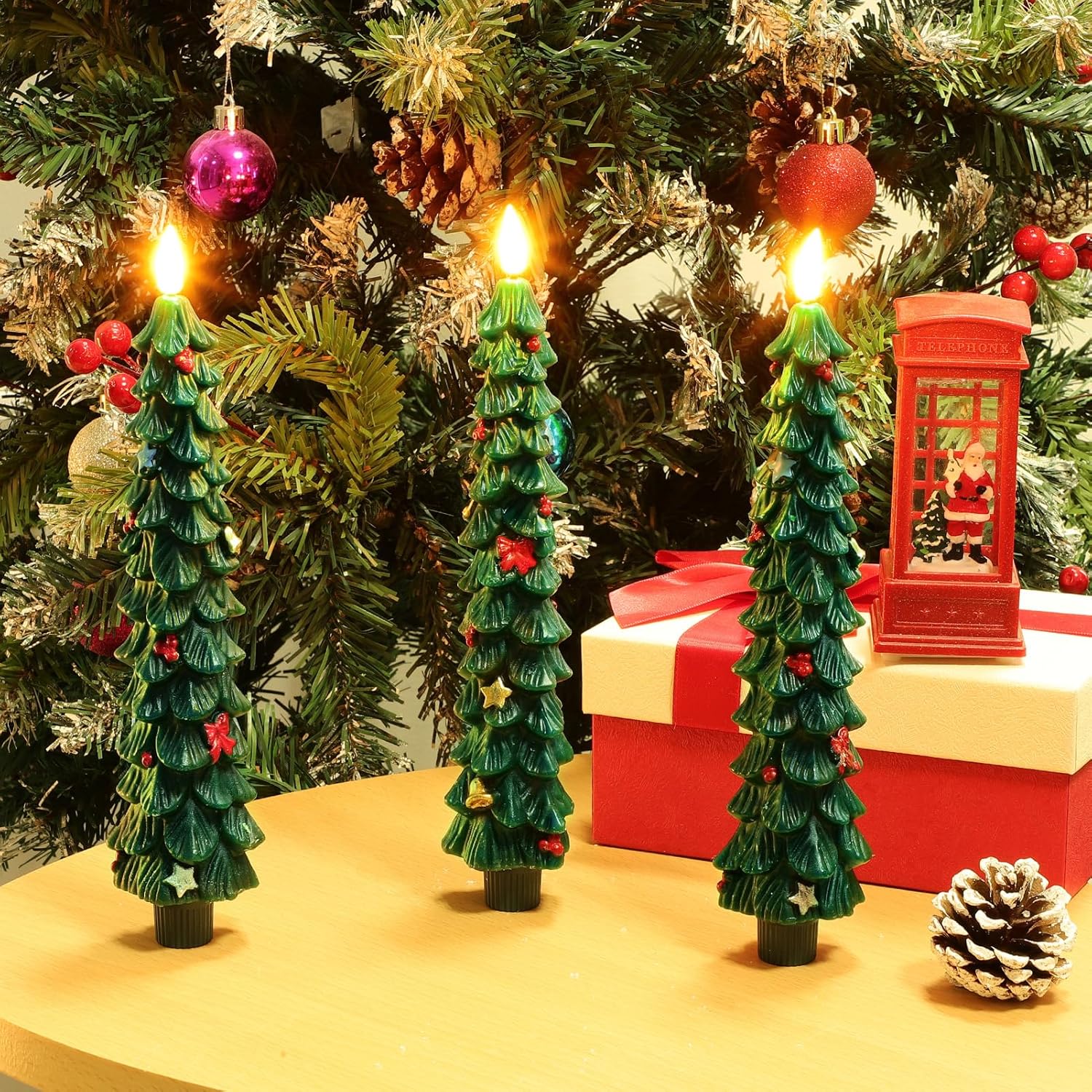 3 Pcs Flameless Taper Candles, Funny Christmas Tree Candles with Remote, Flickering LED Window Candlelights Real Wax Candlesticks for New Year Celebration Holiday Decorations 9.7 Inches