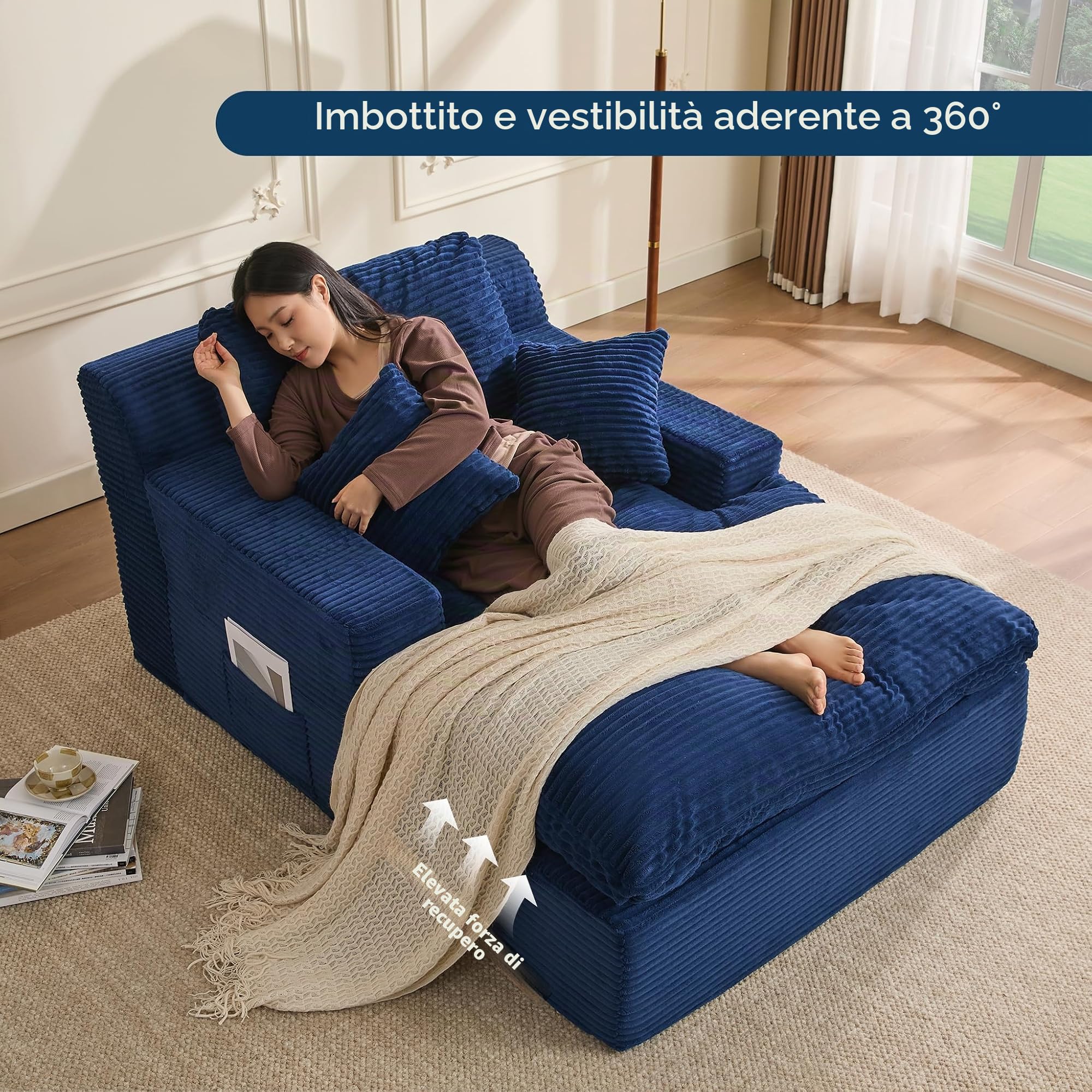 Divano Lounge 160 cm con Braccioli, Velluto a Coste (Blu navy)