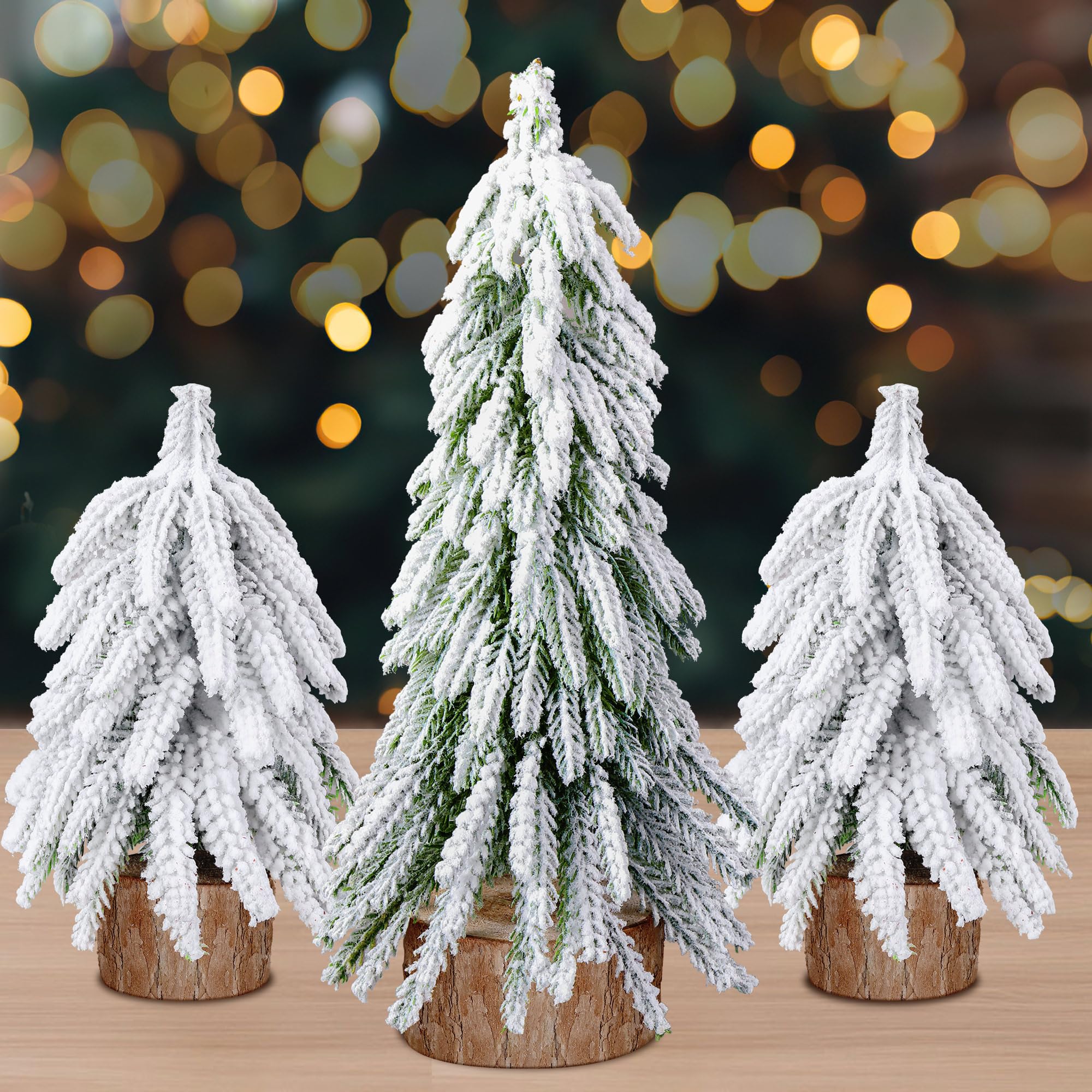 Iceyyyy 3 Pcs Snow Tabletop Christmas Trees,2 Size Snow Flocked Mini Tabletop Pine Trees with Wooden Base,Artificial Desk Christmas Trees for Xmas Holiday Home Party Table Decorations