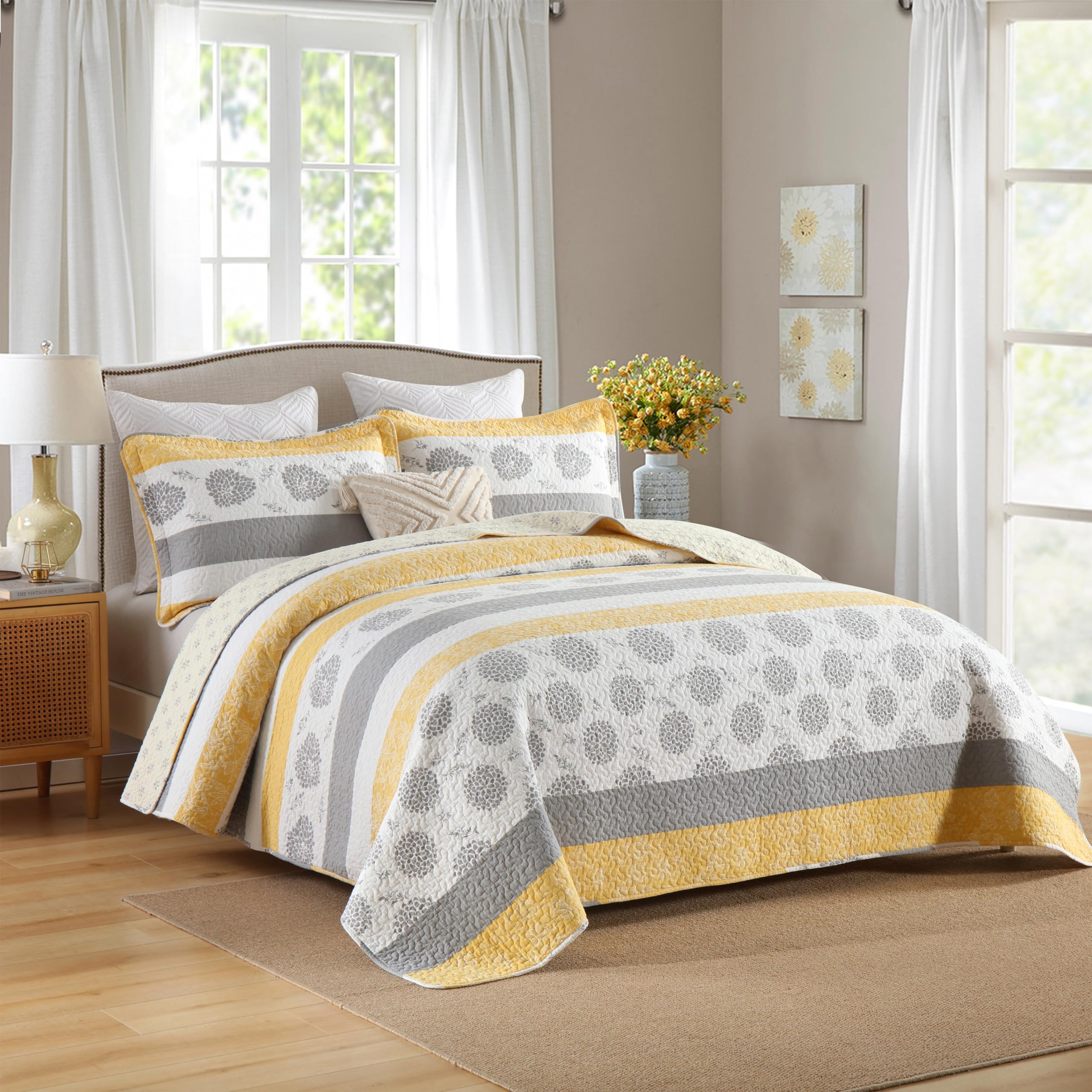 Homzard King Size Comforter Set,Floral King Size Quilt Set,Yellow Gray White All Cotton Quilted Bedspread,Striped Flower Pattern Bedding Set,Lightweight Paisley 3 Piece,All Seasons