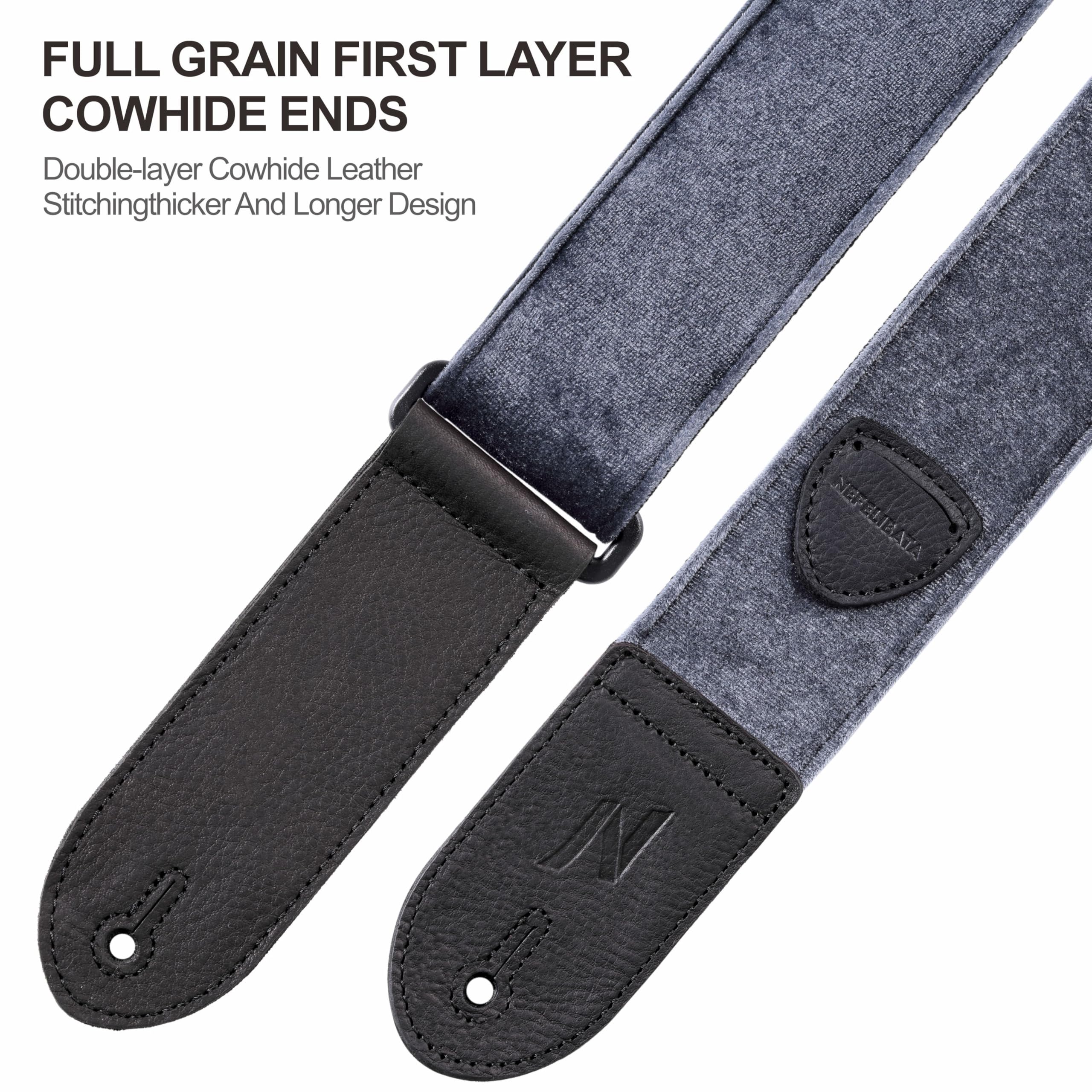 Nefelibata Guitar Strap,Double Full-Grain Leather Ends,Vintage Velvet Strap/FREE BONUS-4 Picks+Locks+Strap Button,Gift For Bass,Electric&Acoustic Guitars(Vintage Gray) - Image 3
