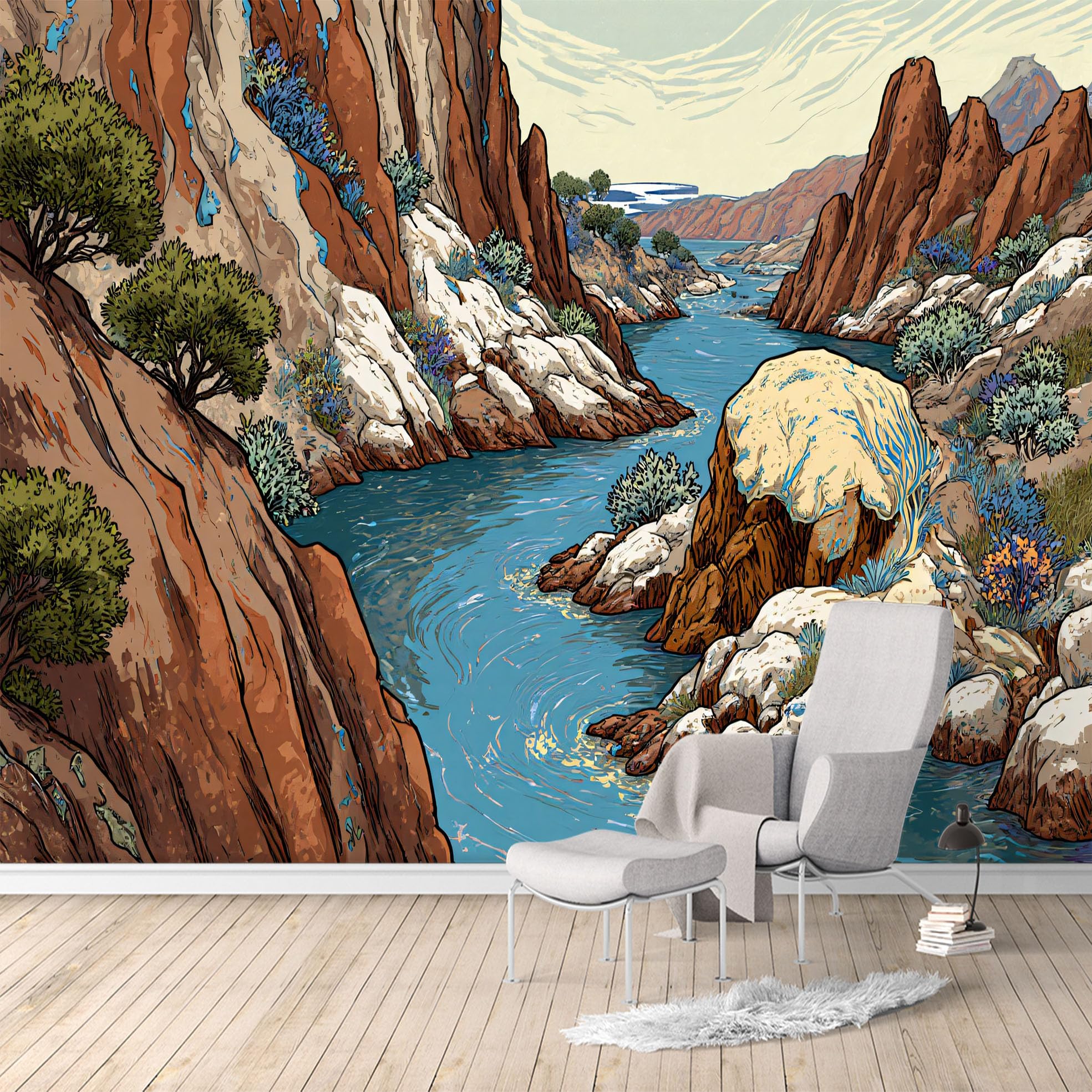 Custom Size Wall Murals, Rust-Red Canyon & Blue River Landscape, Removable Self Adhesive Large Wallpaper Mural for Living Room Bedroom Office Home Decor