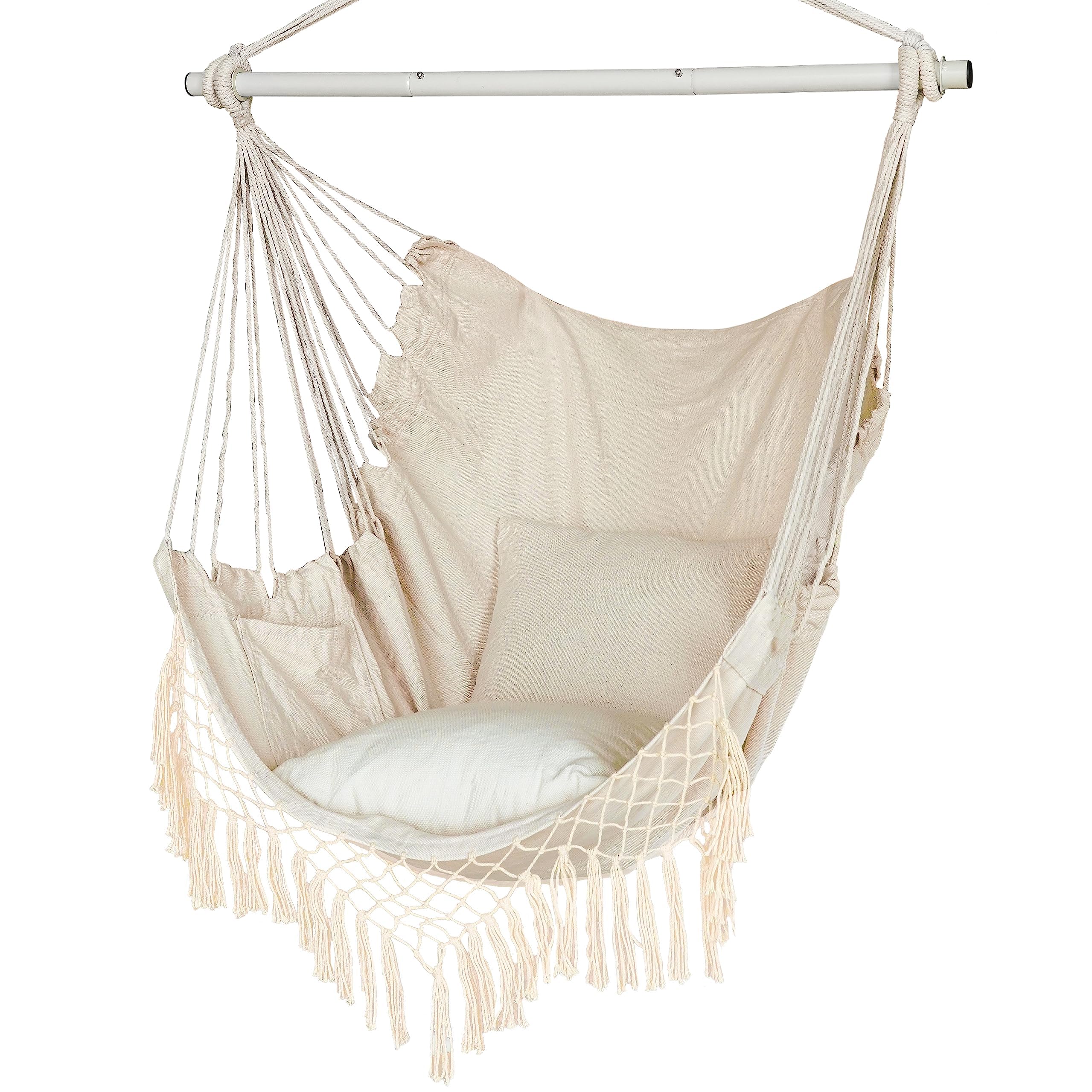 Chaise hamac, siège Suspendu avec 2 Coussins, Chaise Suspendue en macramé avec Poche latérale et Tige métallique à Haute capacité de Charge, pour l'intérieur et l'extérieur.
