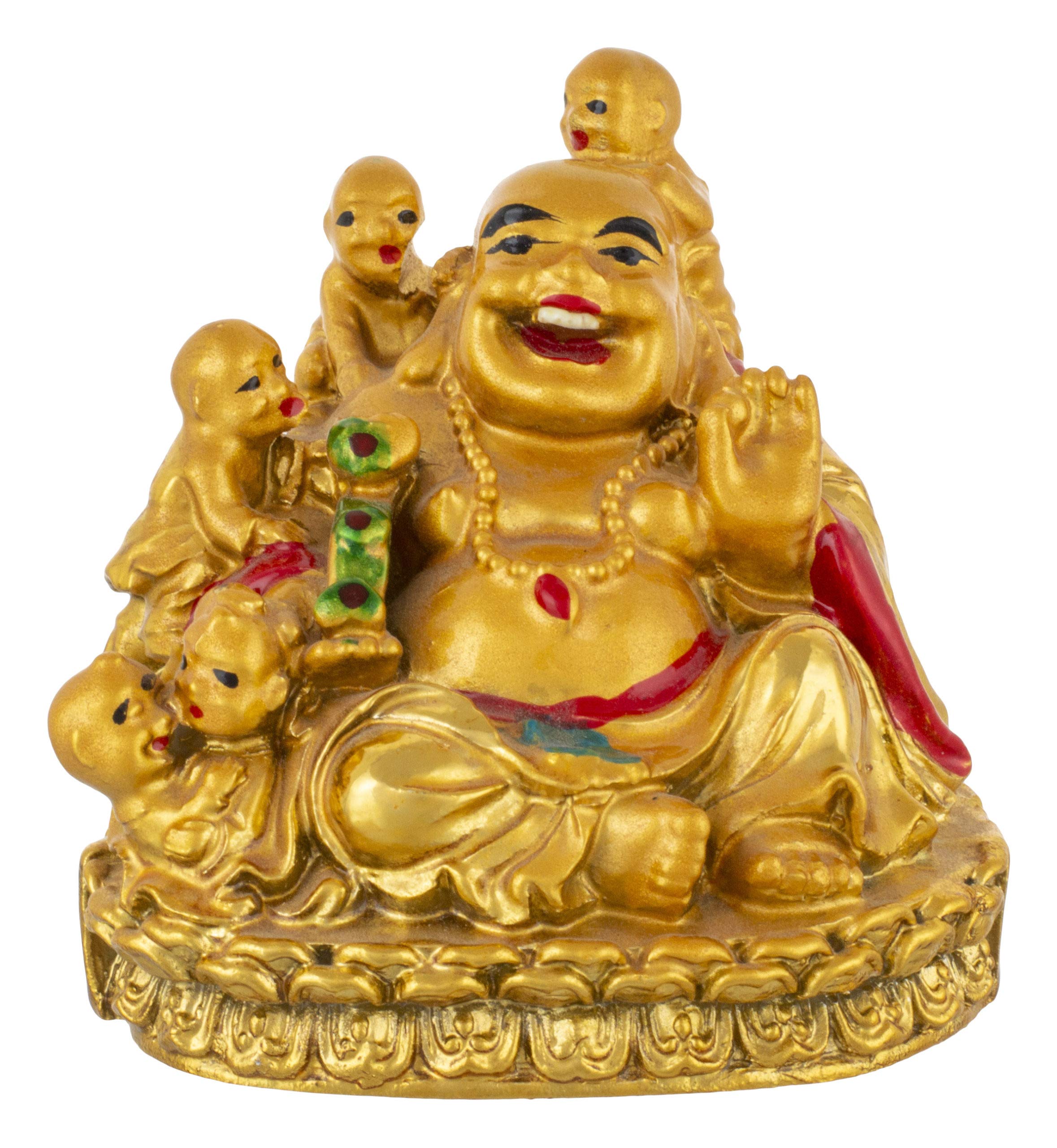 HC VILLA Laughing Buddha With 5 Children For Good Luck Showpiece Protection Statues For Home Office Dcor Bookshelf Desktop Brings And Health Meditation Dcor (Resin, Gold, Fantasy)