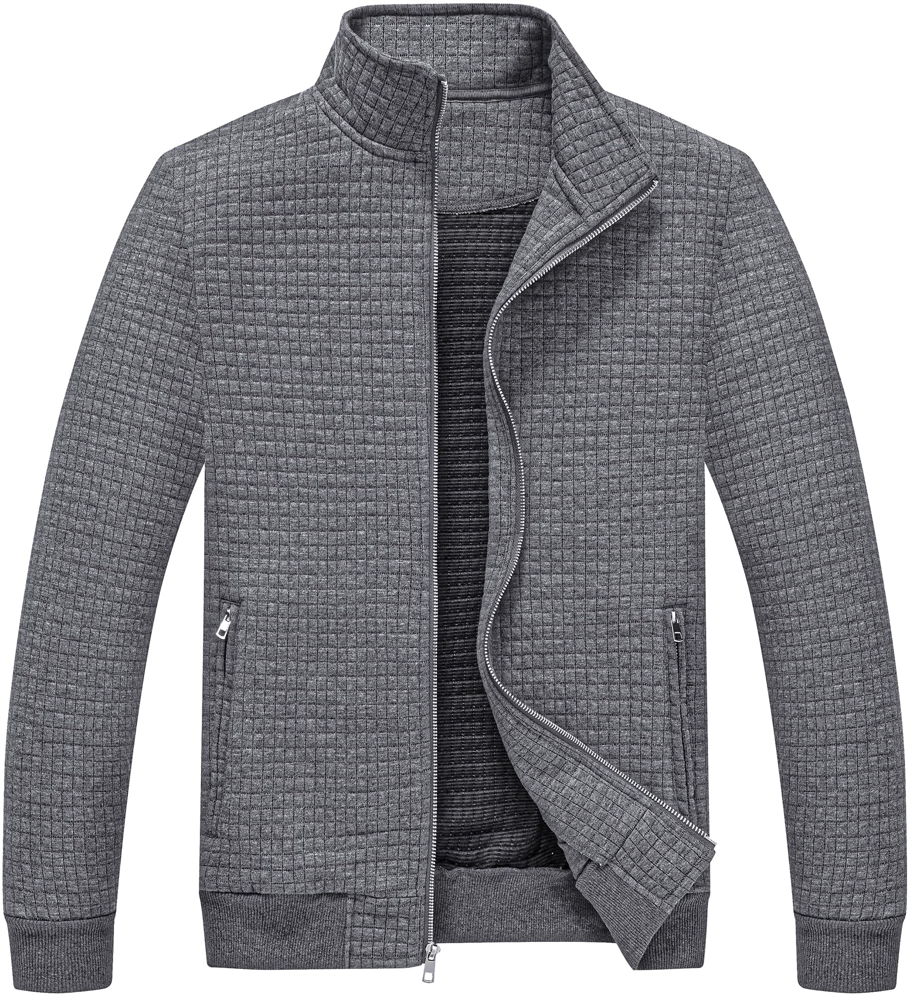 SatankudMen's Jacquard Waffle PlaidCloth Bright Metal Zipper Lightweight Jacket