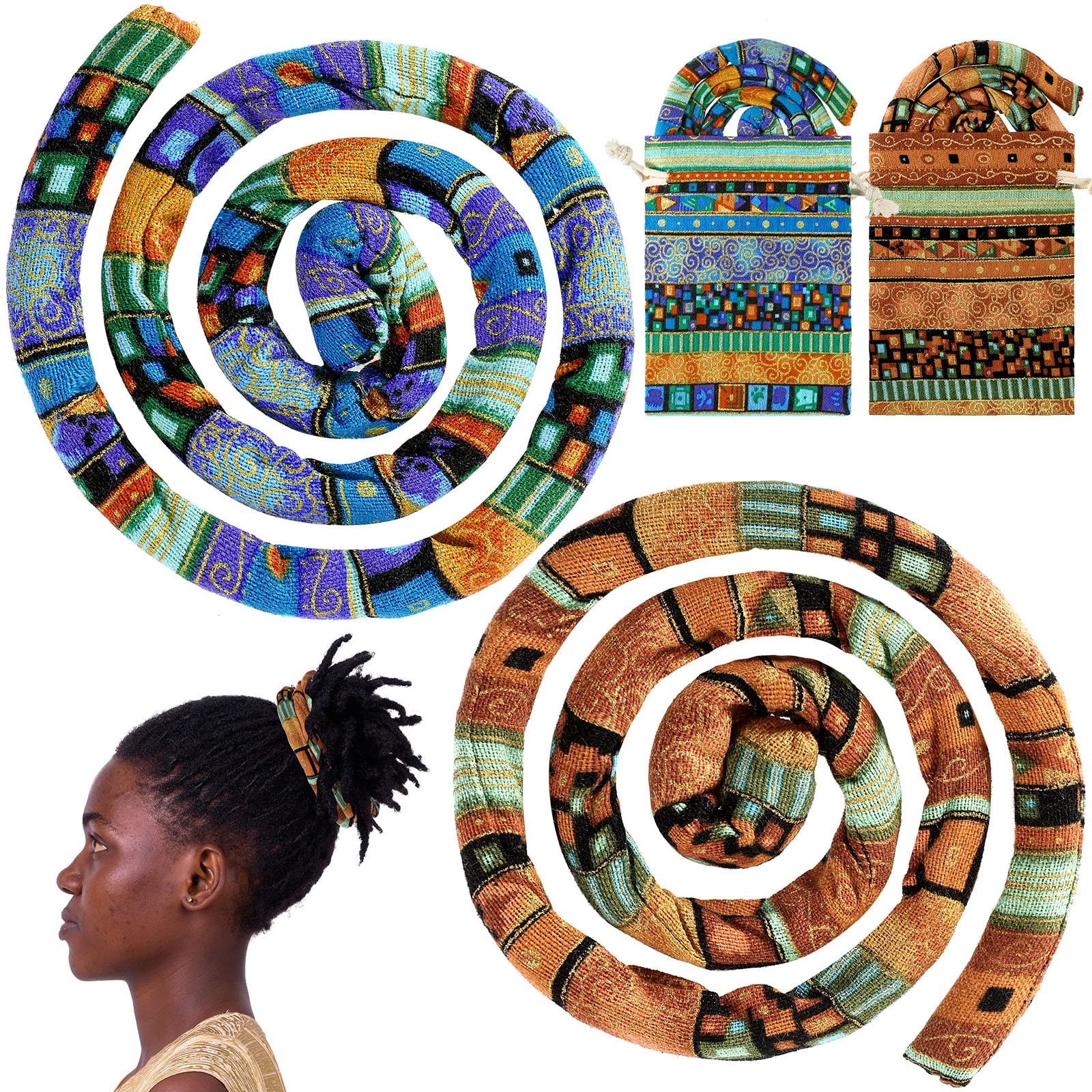 Haargummis mit Spiralverschluss, Dreadlock-Zubehör, Eisendraht, eingebetteter Pferdeschwanz-Halter, blau-braun, Wolken-Stil, Loc Haar-Accessoires, biegbar, lange Dreadlock-Bänder für Damen und Herren