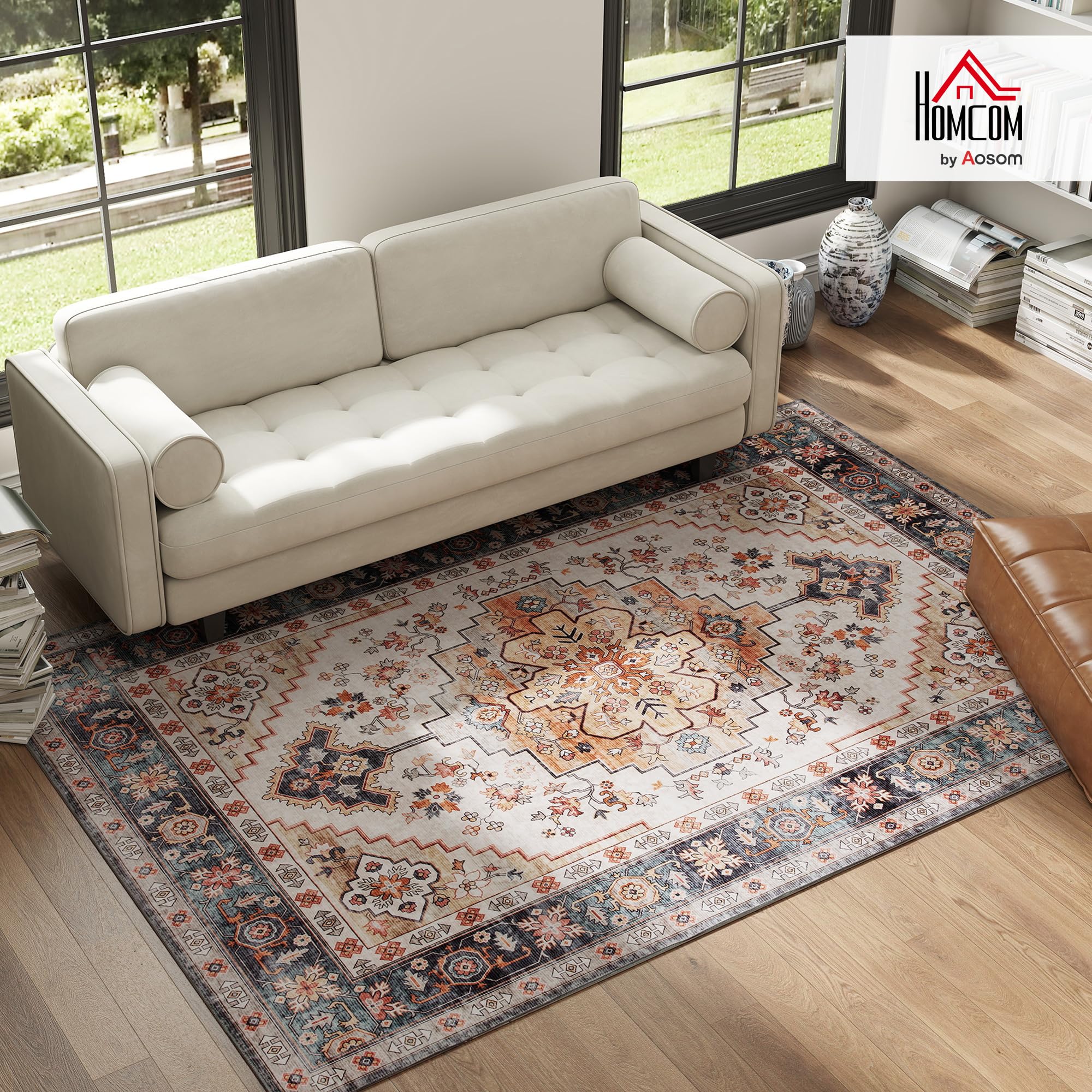 HOMCOM Tappeto Stile Bohemien Antiscivolo e Lavabile 230x160 cm Marrone | Tappeto per Salotto e Camera da Letto, Pelo Corto