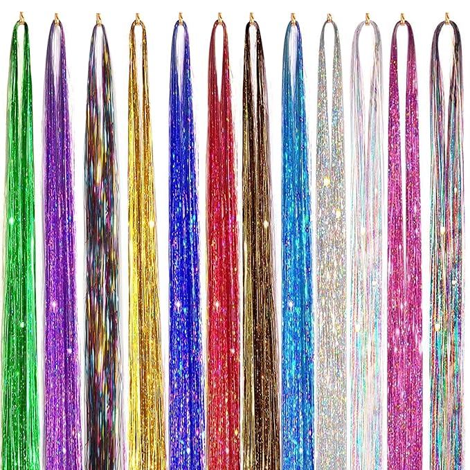 Sanas Hair Tinsel 12Pcs Glitter Hair Extensions Sparkle Hair Extensions