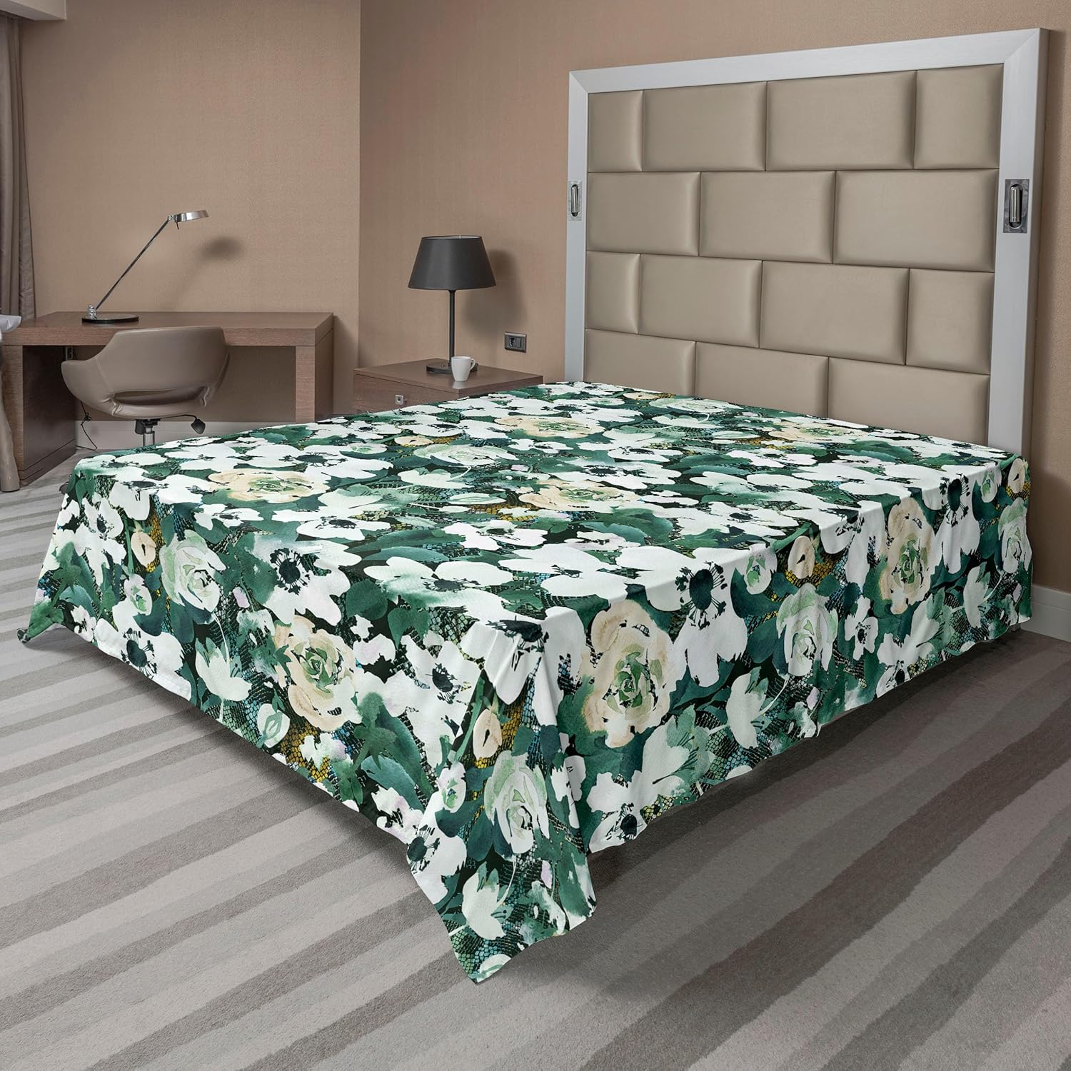 Ambesonne Tropical Leaves Flat Sheet, Aquatic Colors Exotic Leafy Pattern with Grunge Dots Print Boho, Soft Comfortable Top Sheet Decorative Bedding 1 Piece, Queen Size, Dark Lavender Indigo