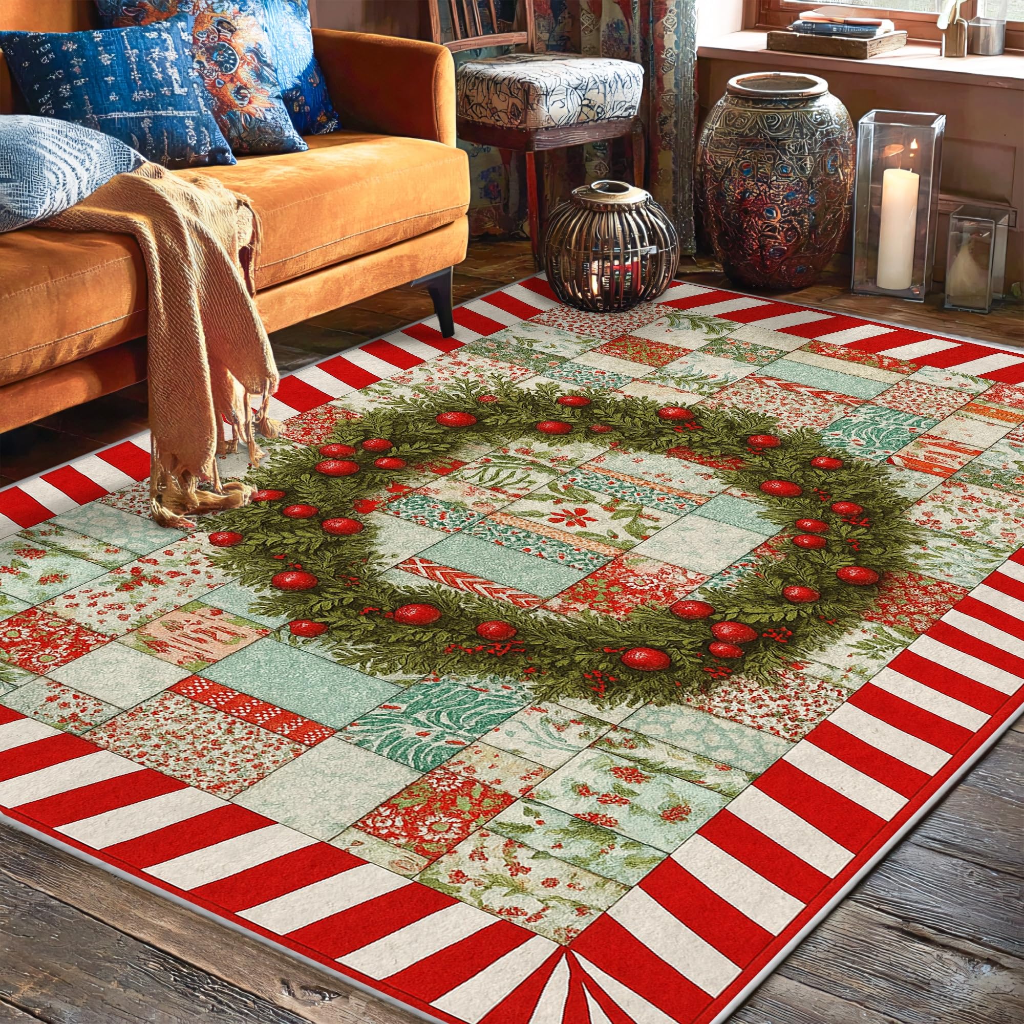 Tapis de Noël rectantulaire doux : décoration de salon lavable et grand tapis antidérapant 1,5m