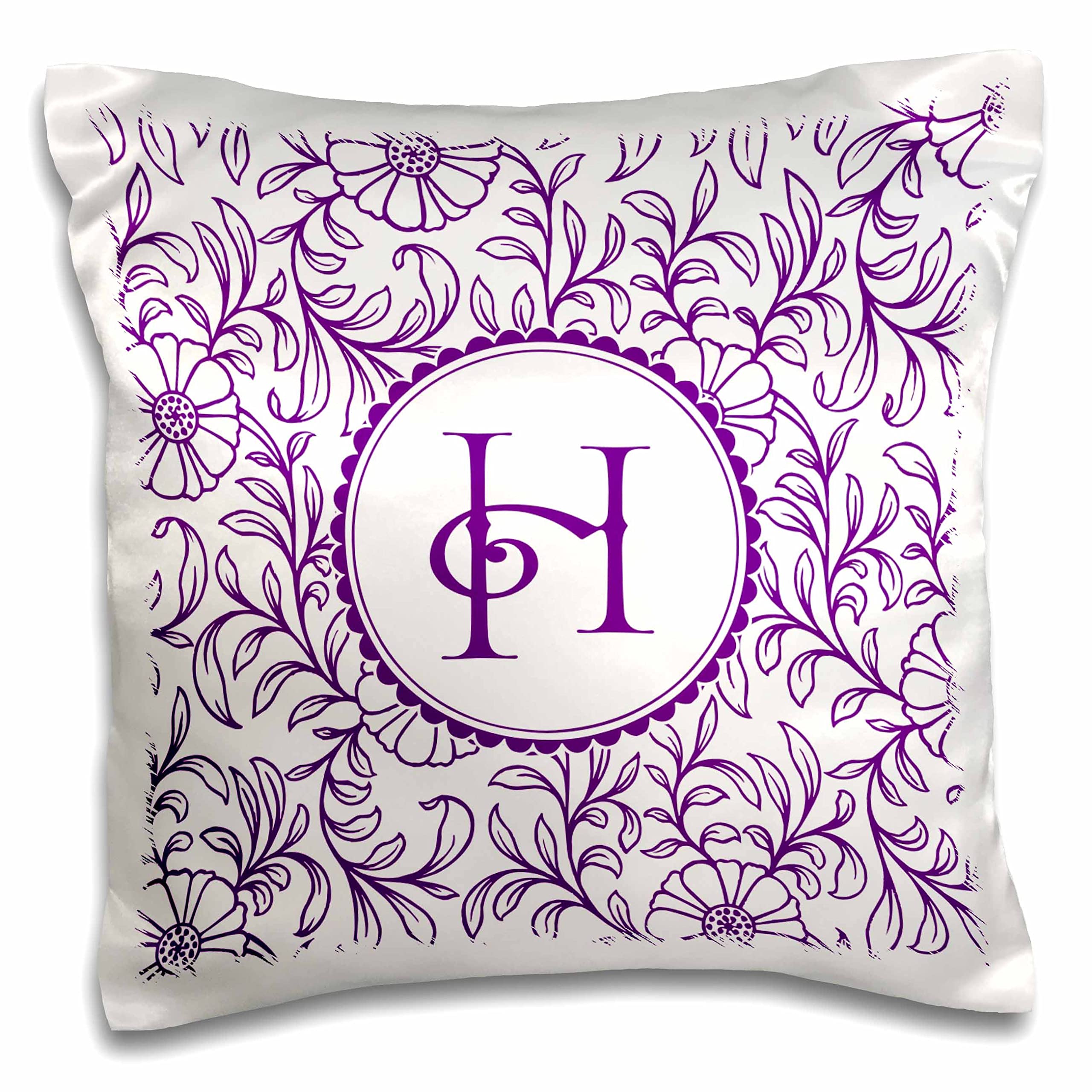 3dRose Russ Billington Monograms Letter H in Circle Over Swirly Floral Pattern in Purple and White (pc-298826-1) Pillow Case