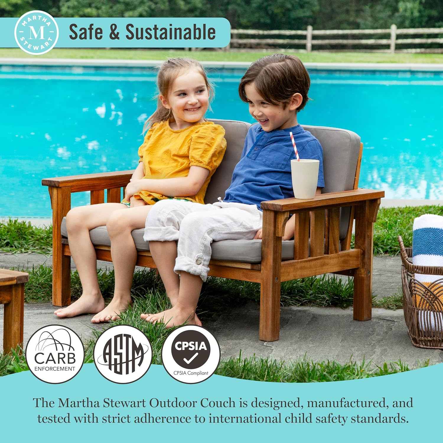Martha Stewart Kids Outdoor Sofa Chair: Natural Acacia Wood Outdoor Couch for Kids w/Gray Polyester Cushions, 10" Seat Height | Montessori Furniture for Backyard, Patio, Garden, Porch