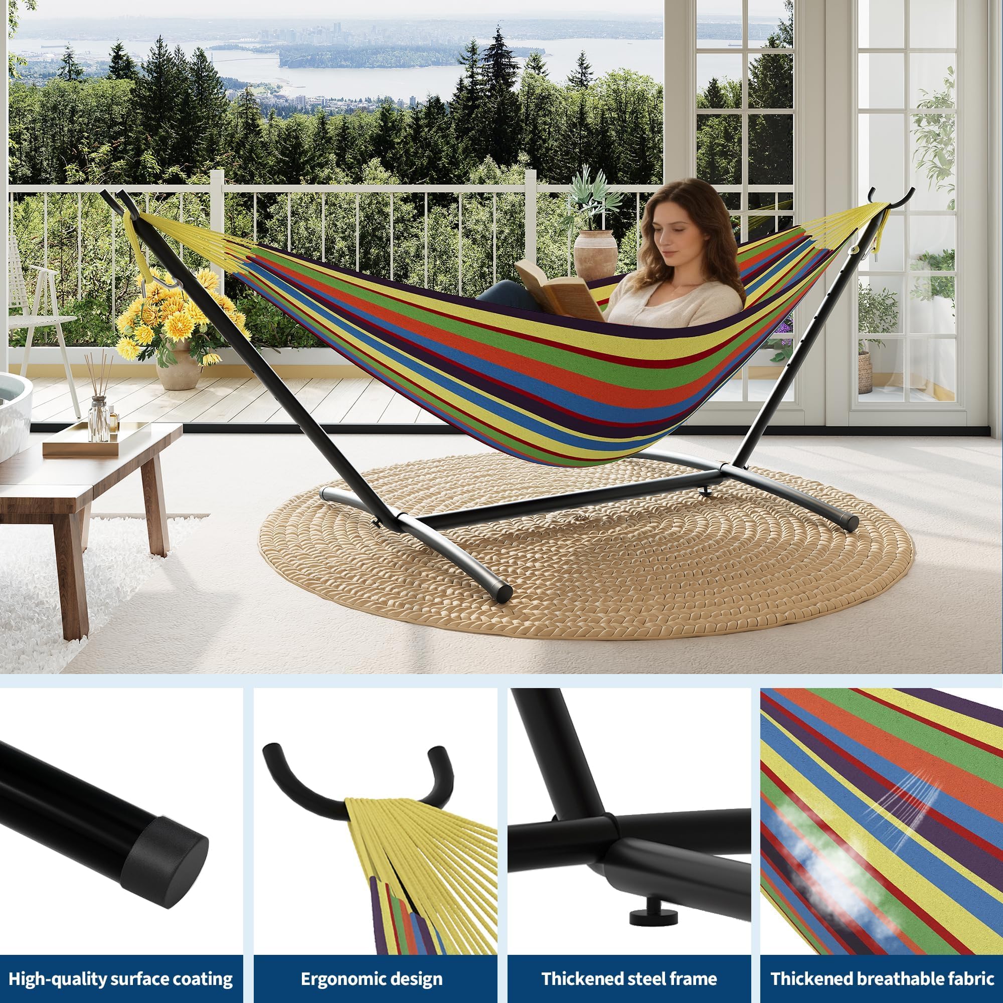 Hamac Double avec Support Acier Robuste Portable Pliable Sac Transport Jardin terrasse extérieur