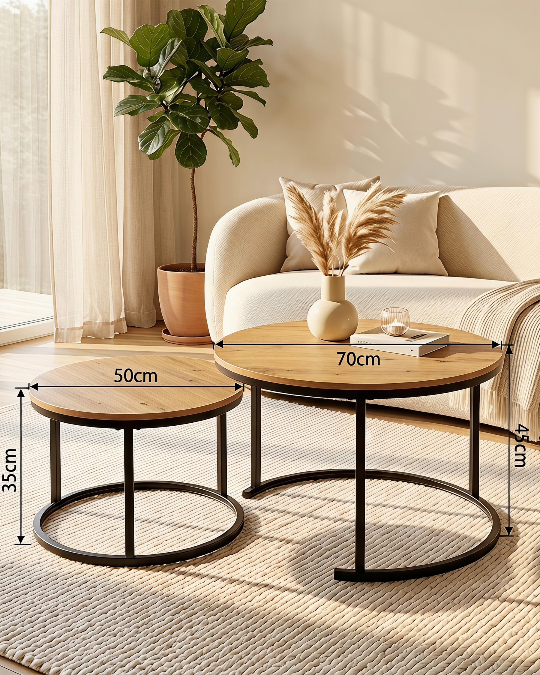 Couchtisch Rund Holz Beistelltisch Couch 2er Set 70cm Coffee Table | Wohnzimmertisch Rund Holz mit schwarzem Metallrahmen Couchtisch 70 x 70 mit natürlichen Holztrukturen
