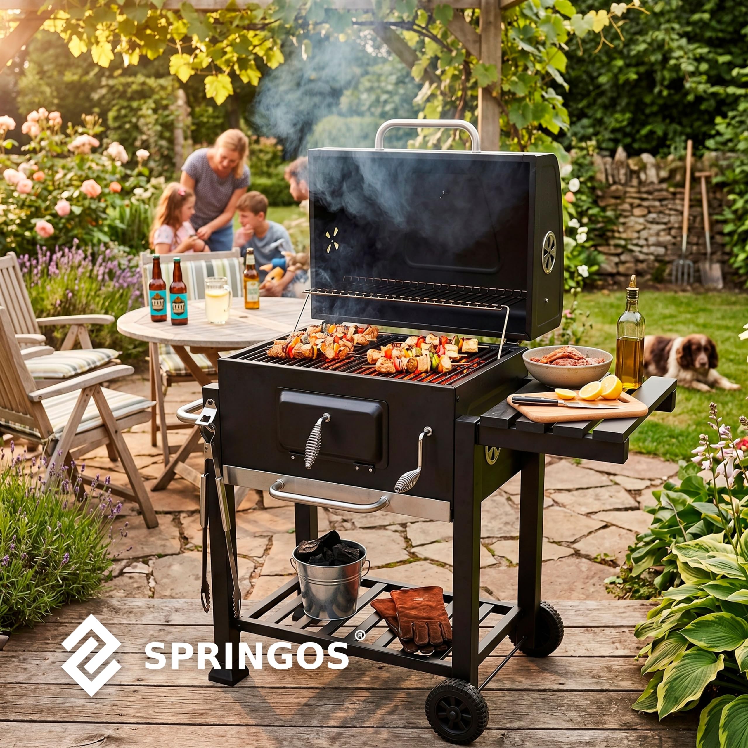 Holzkohlegrill Grillwagen BBQ Smoker mit Deckel Thermometer Höhenverstellbarer Kohlerost Fahrbarer Gartengrill mit Ablagen Flaschenöffner Rollen Camping SPRINGOS