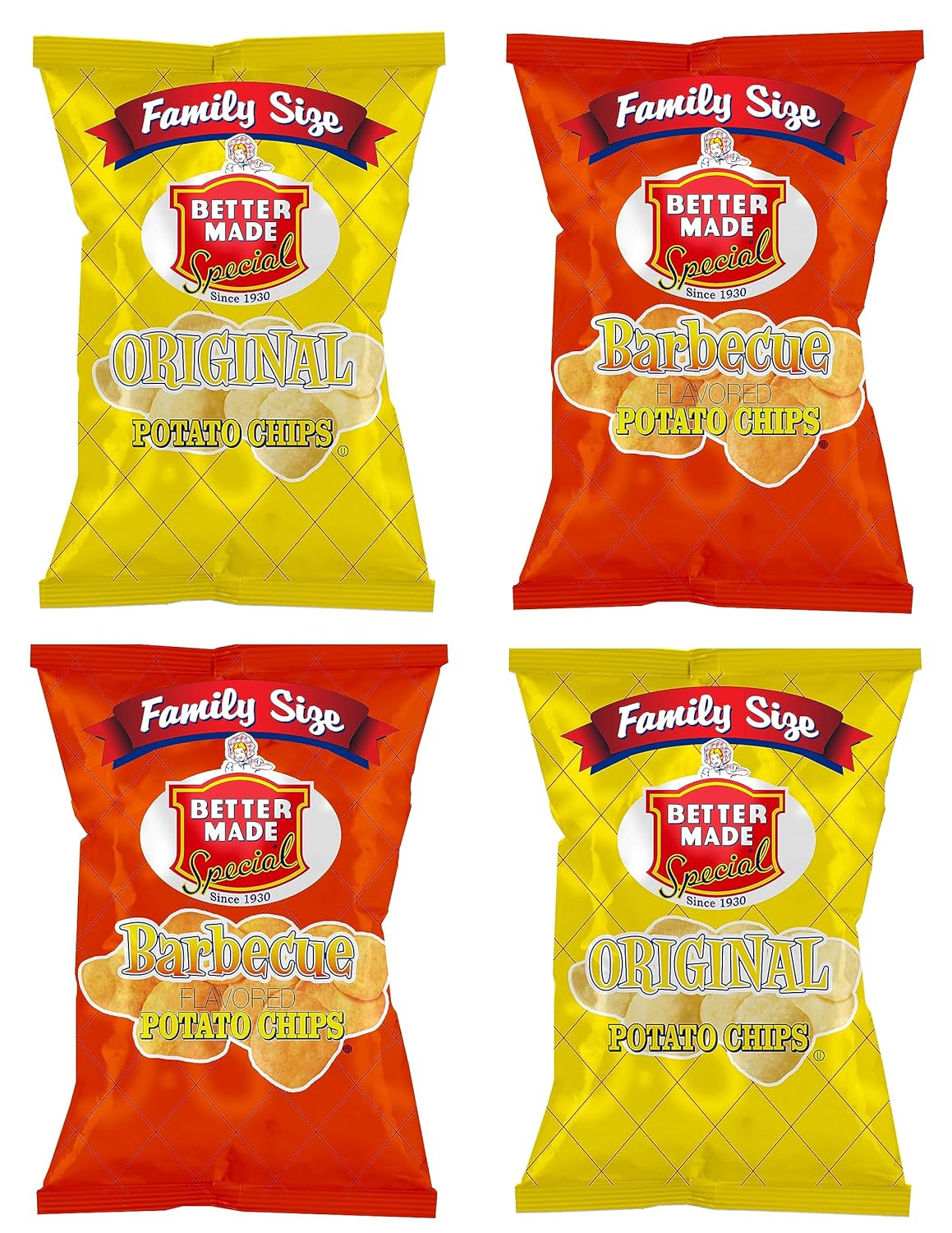 Better Made Special Original & BBQ Potato Chips Variety Pack (4) x Family Size Bags 9.5oz (Pack of 4) - Crispy, Crunchy, Salty Snacks Made From Fresh Potatoes - Gluten Free - Family Owned and Operated