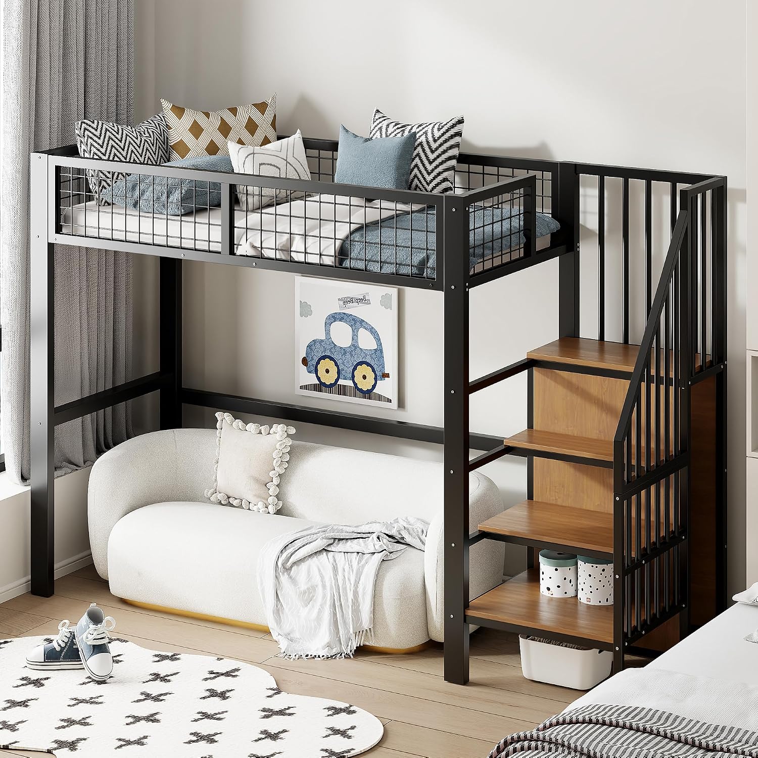 Moimhear Hochbett 90x200cm Eisenbett mit Leiter Kinderbett mit Eisenrahmen und Aufbewahrungsregal Kleiderschrank Schwarz