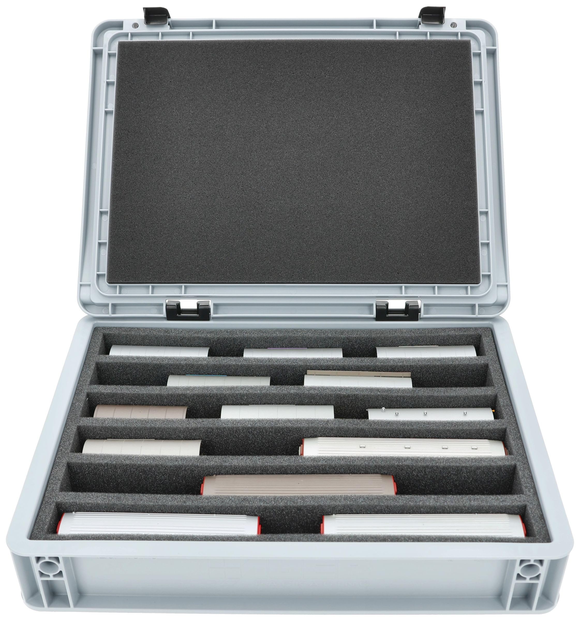 Feldherr Eurobox 40 x 30 cm zestaw do modeli kolejek – tor H0 m – 6 przegródek – wkładka piankowa do przechowywania w pozycji stojącej – kompaktowe rozwiązanie transportowe do lokotek i wagonów