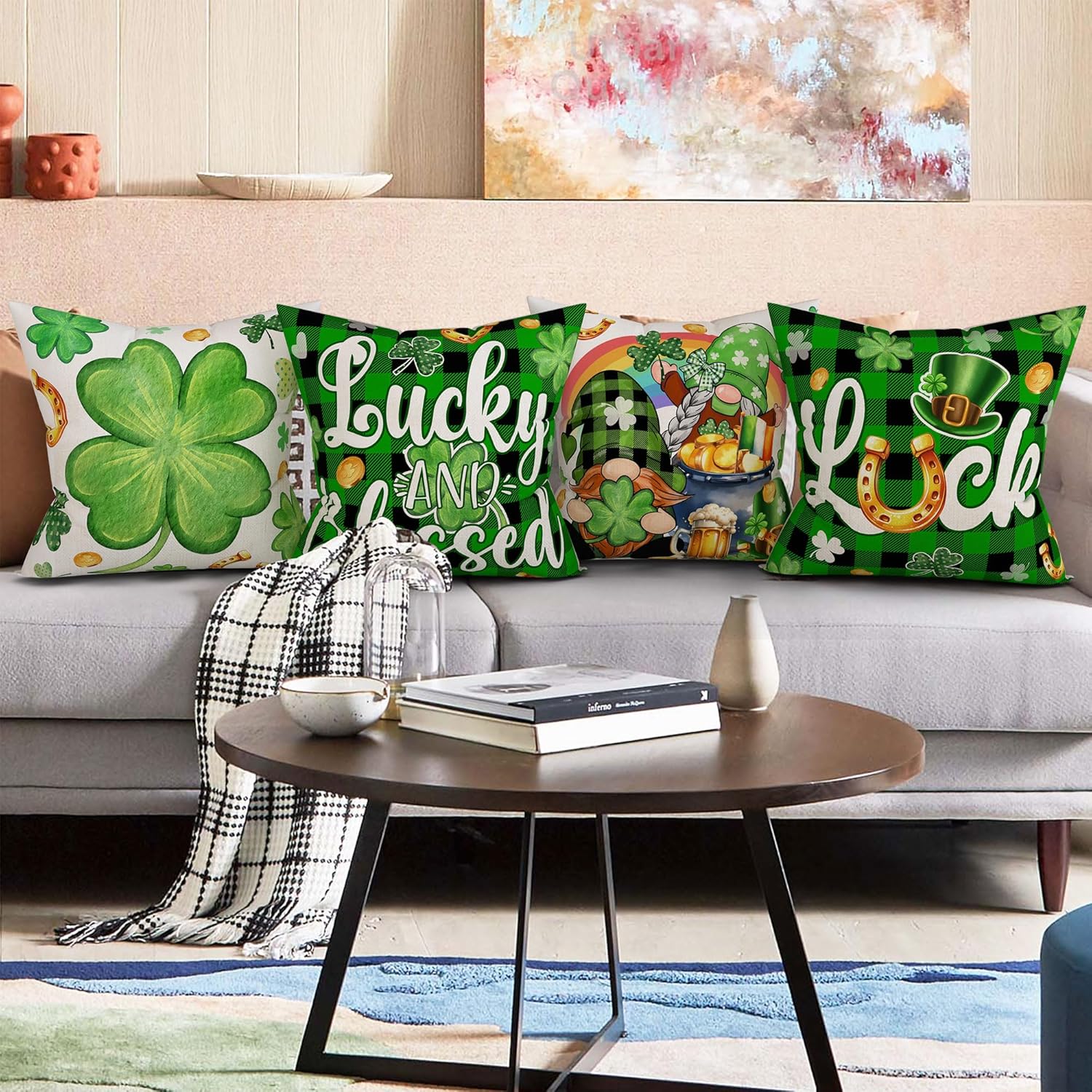 St Patricks Day Pillow Covers 18x18, Lucky Clover Throw Pillowcase, Green Luck Shamrock Home Decor Square Cushion Covers for Sofa Bed Couch Set of 4 - Image 6