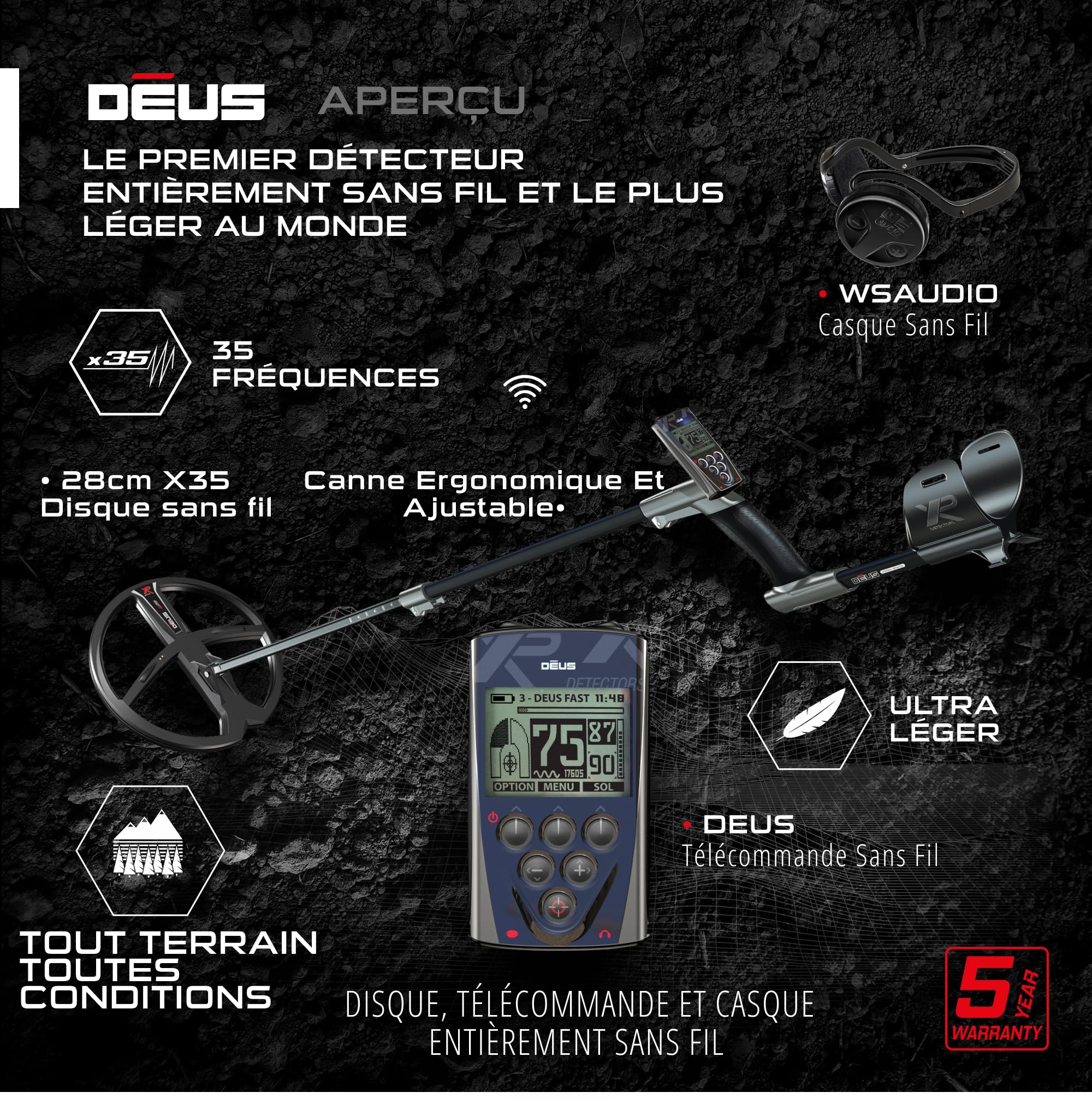 XP Metal Detectors Deus - avec Casque WSAUDIO - Étanche et entièrement sans Fil, idéal pour la Recherche de trésors et de reliques - Disque X35 de 28cm, télécommande et Canne S-Telescopic