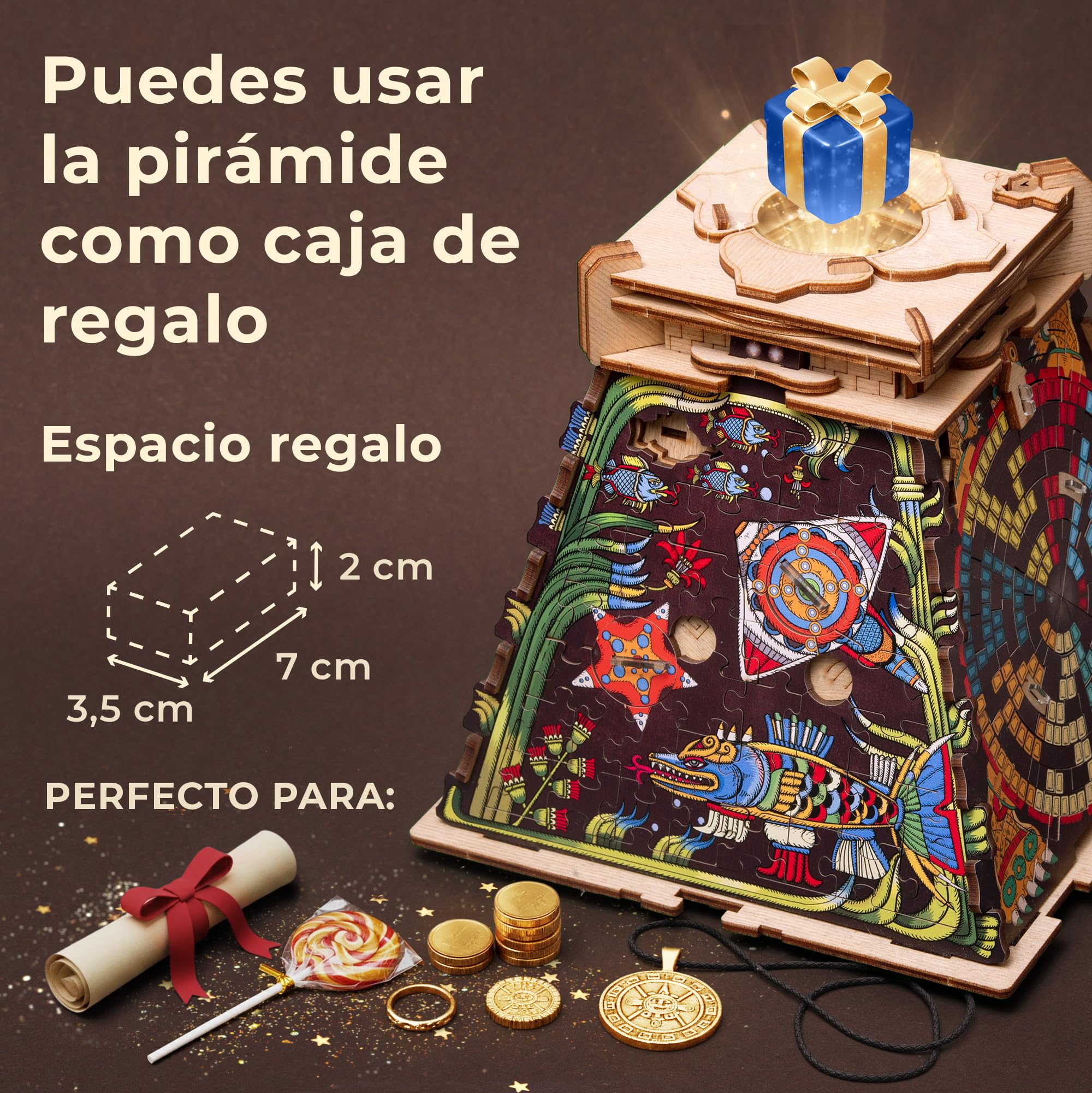 iDventure Cluepuzzle Pirámide de Sol - Juego de Escape Room con rompecabezas de Jigsaw - Puzzle de madera 3D - Caja de regalo - Cofre del tesoro - Caja de rompecabezas secuencial para adultos - Regalo