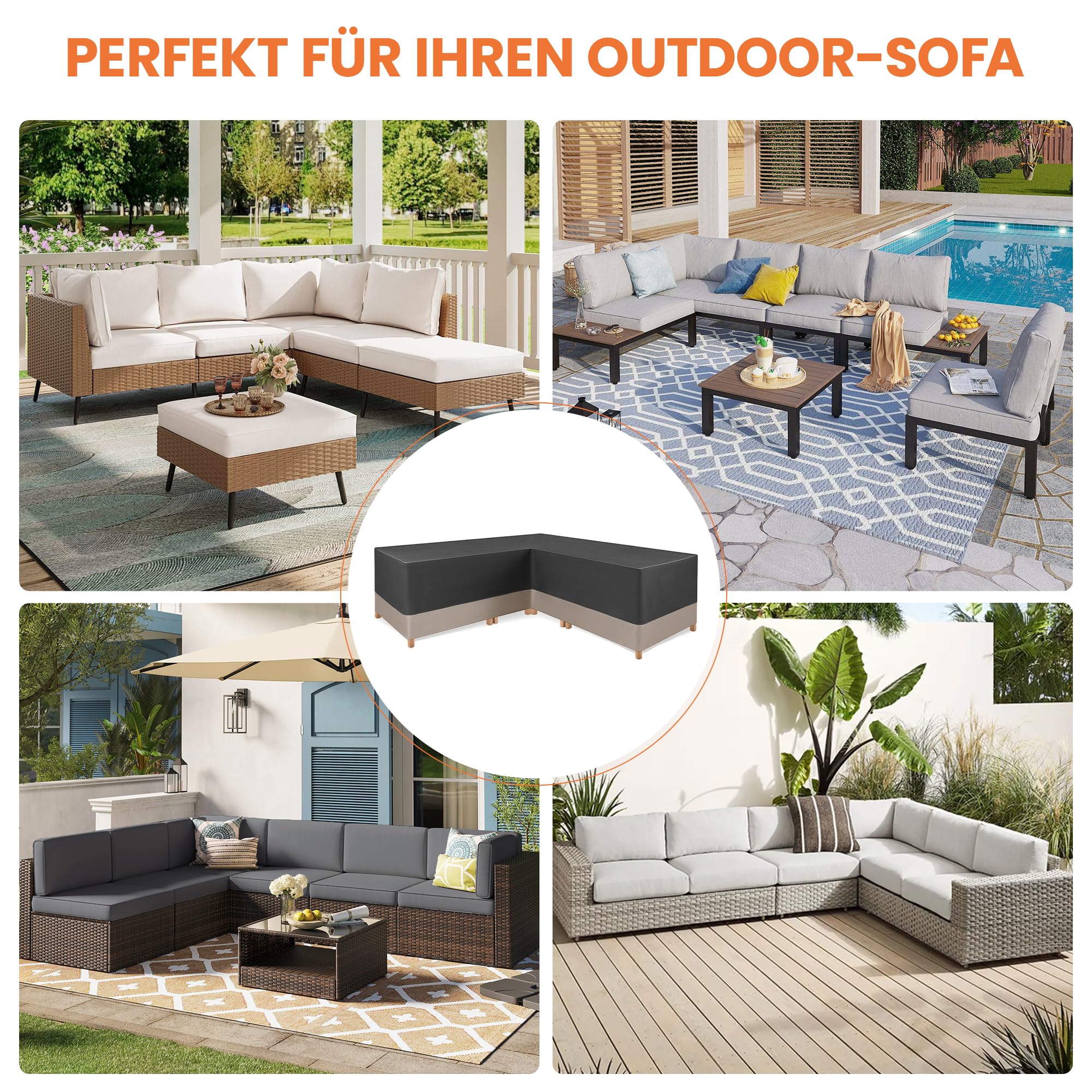 Gartenmöbel Abdeckung L-Form,Schutzhülle für Gartenmöbel,420D Oxford Gewebe Wasserdicht Winddicht Ecksofa Abdeckplane ,Möbbelsets Schutzhülle für Sofa, Loungemöbel 255x255x70CM