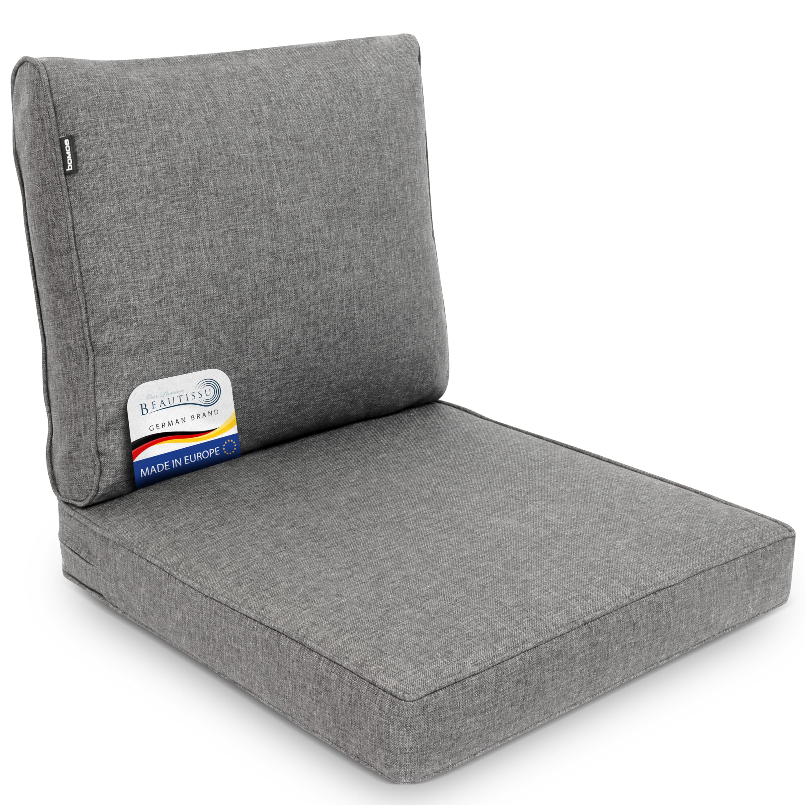 bomoe 2pcs Set Garden Chair Cushion Outdoor Seat 60x60 cm & Back 60x40 cm – Waterproof Seat Pads Thick Padding – UV Protection Rattan Furniture Cushions – Washable Patio Chair Cushions – Light Grey