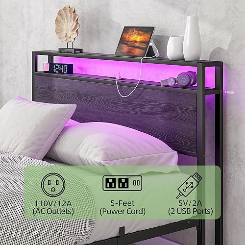 Miniatura 13 de Base de cama de tamaño matrimonial con cabecera de almacenamiento/estación de carga USB, marco de cama de plataforma de metal, tamaño matrimonial,