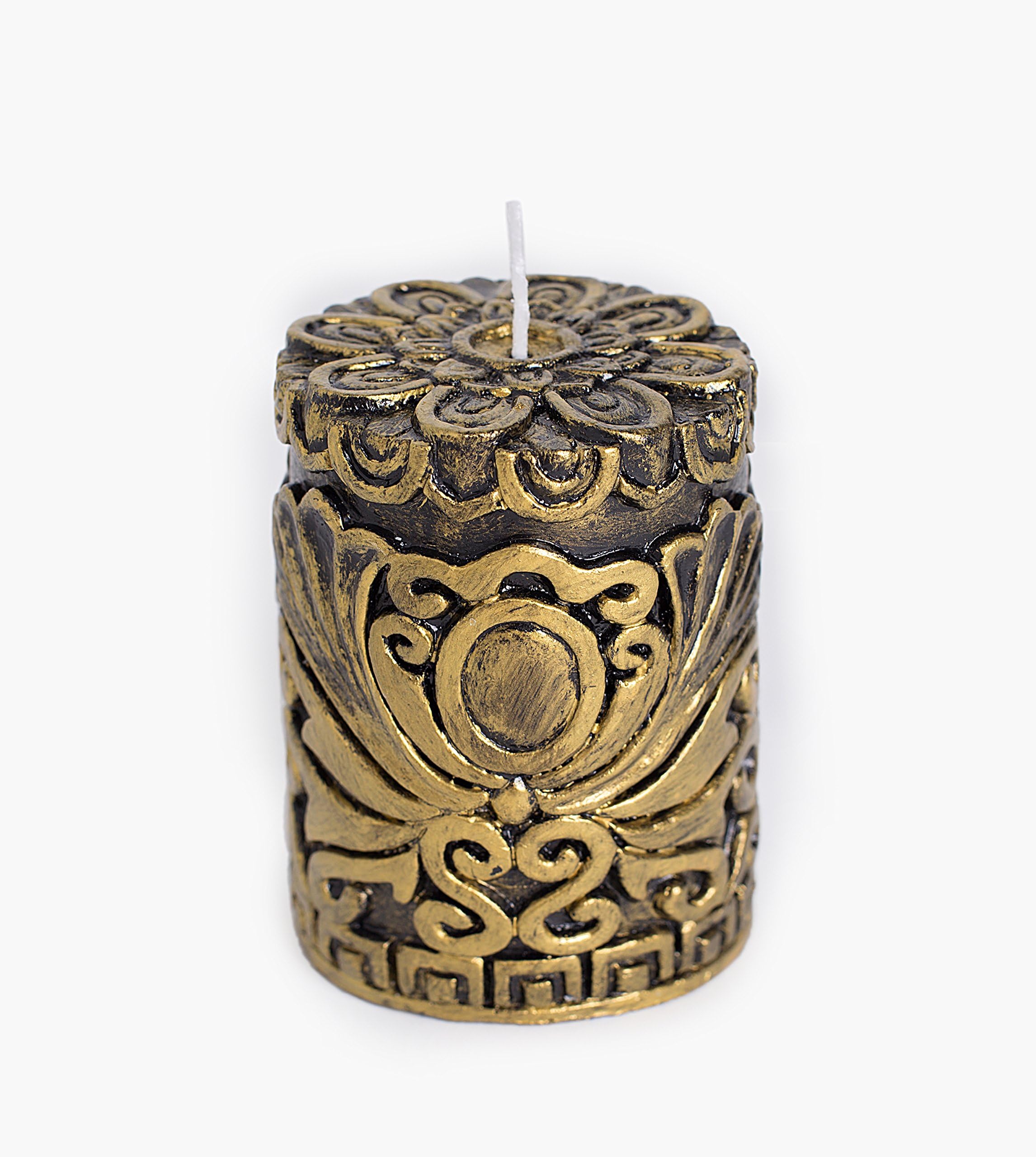 Antique Pillar Pillar Candle Embossed with Classic Damask Design 3x4 (Golden,Pack of 1)