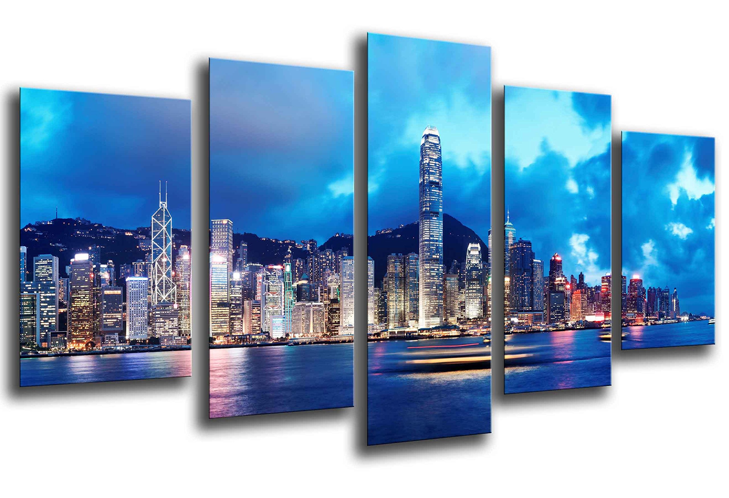 Tableau moderne photographique gratte-ciel de nuit Hong Kong bois