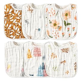 Zainpe 6Pcs Muslin Cotton Bibs for Baby Flower Bunny Deer Adjustable Machine Washable Neutral Burp Cloths with 6 Absorbent Soft Layers for Unisex Infant Newborn Toddler Drooling Feeding Teething