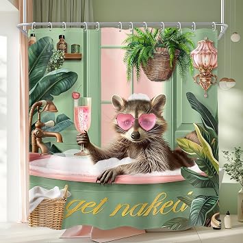 AMBZEK Funny Cute Raccoon Shower Curtain 72Wx72L Inch Tropical Palm Tree Elegant Champagne Bubble Botanical Natural Artwork Cloth Fabric Waterproof Polyester Bathroom Decor Set with 12 Pack Hook