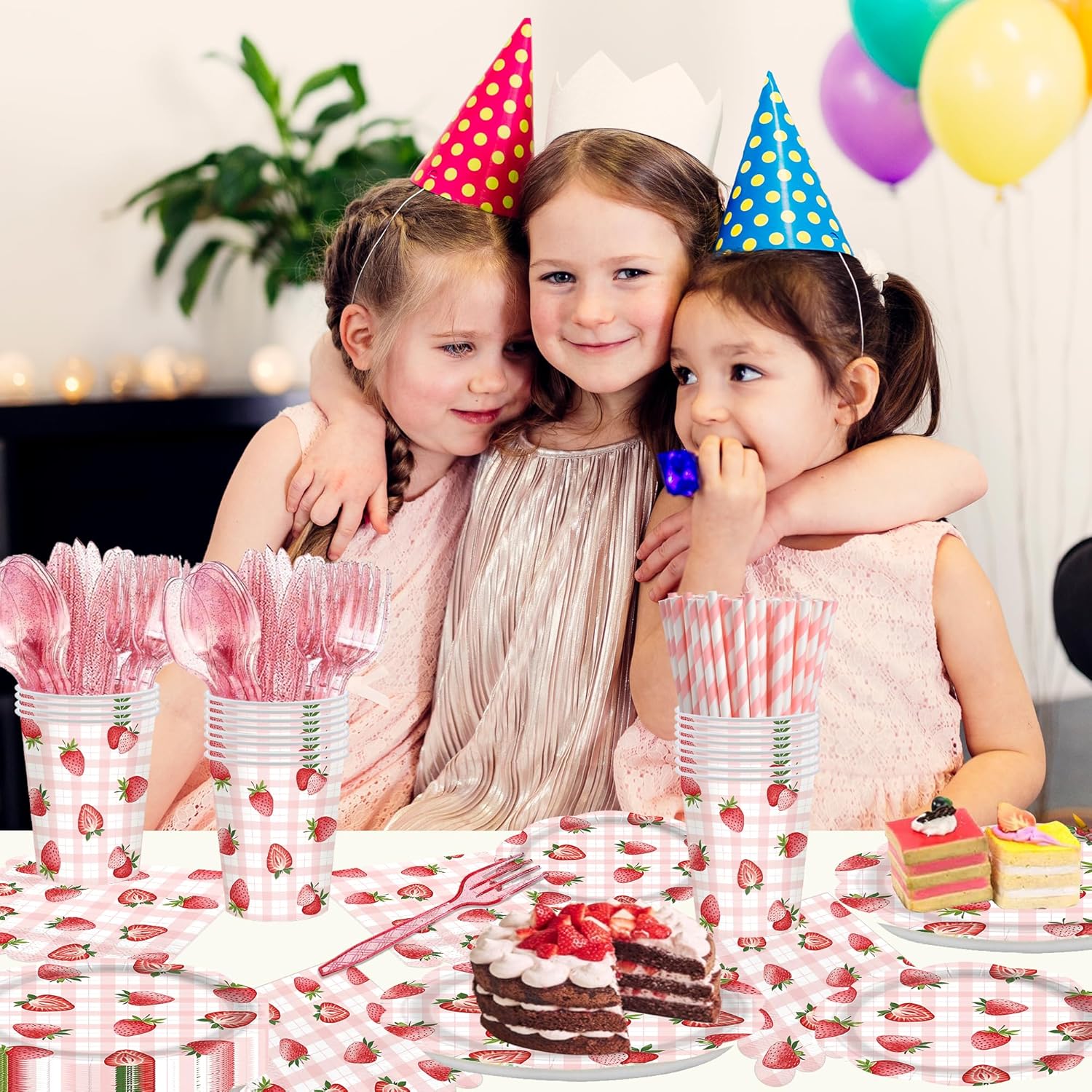192pcs Strawberry Birthday Party Decorations Plates Napkins Disposable Paper Cups Straws Strawberry Tableware Set Party Supplies for Girls Kids Birthday Decor Serve 24 Guests - Image 6