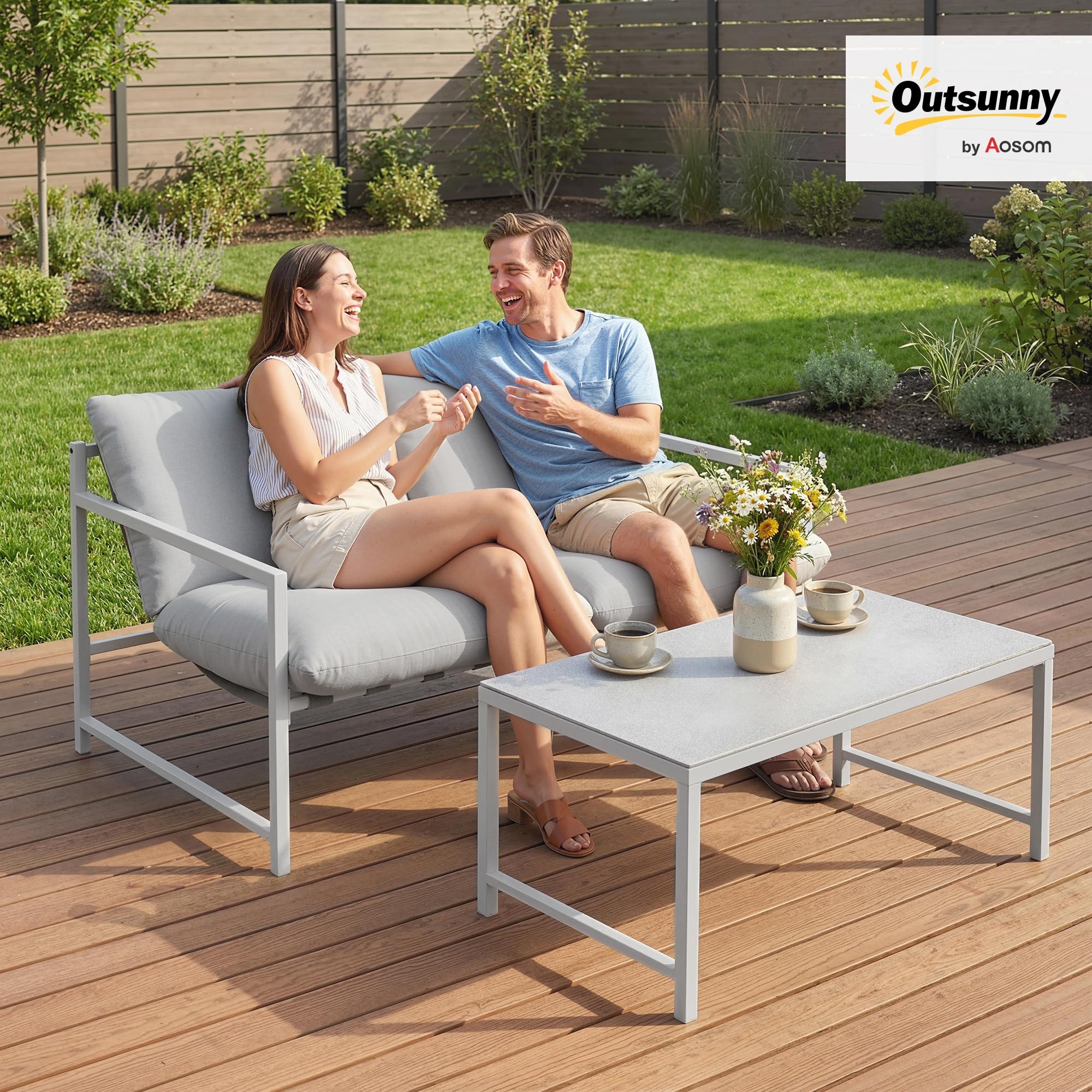 Outsunny Salon de Jardin Extérieur 2 Pièces, Canapé 2 Places avec 2 Coussins et Table Basse en Verre Trempé Marbré 3D, Mobilier de Jardin pour Terrasse Balcon Jardin, Acier, Gris Clair
