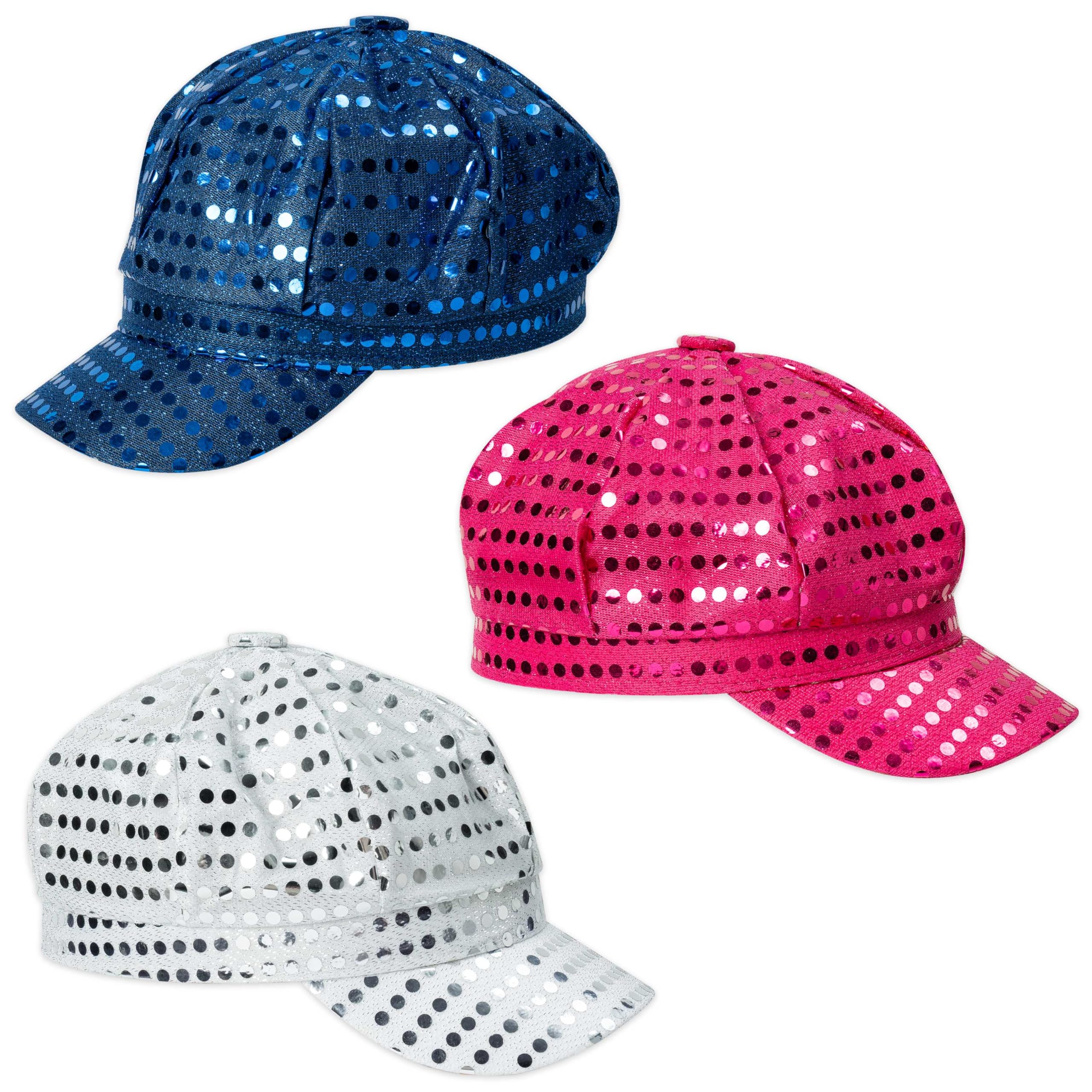 E1mity 70s Sequins Hat Abba Hat for Women 3PCS Blue Silver and Rose Glitter Disco Party Hats Fancy Dress Costume Accessories for Cosplay Retro Party Disco Hen Parties Night