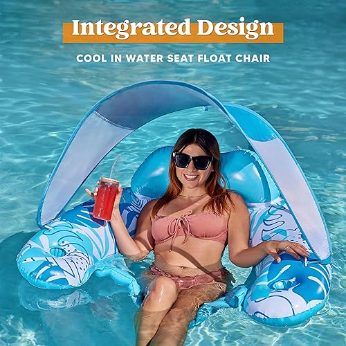 Miniatura 3 de Sloosh Flotadores de piscina con toldo para adultos, sillas de piscina XL con portavasos y sillas flotantes para adultos, flotadores inflables de