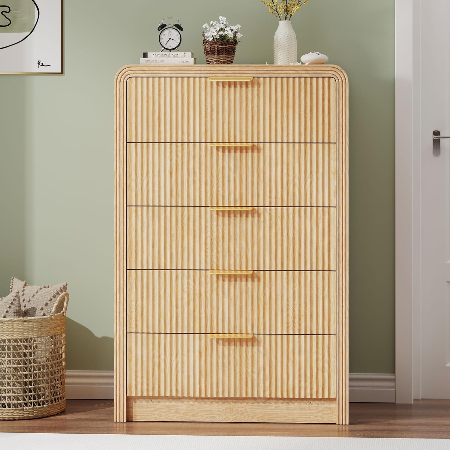 Fluted 5 Drawers Dresser, 48" Tall Modern Chest of Drawers with Round Edge & Metal Handle, Wood Drawer Organizer for Living Room, Bedroom, Entryway, Hallway (Natural Oak) - Image 5